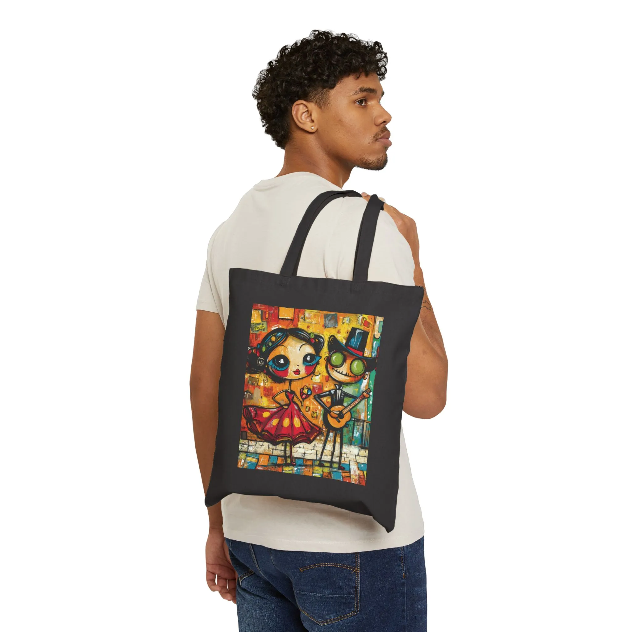 Colorful Cartoon Art Tote Bag, Quirky Gothic Skeleton and Flamenco Girl Illustration, Cotton Canvas Shopping Bag, Funky Day of the Dead Gift - Image 8