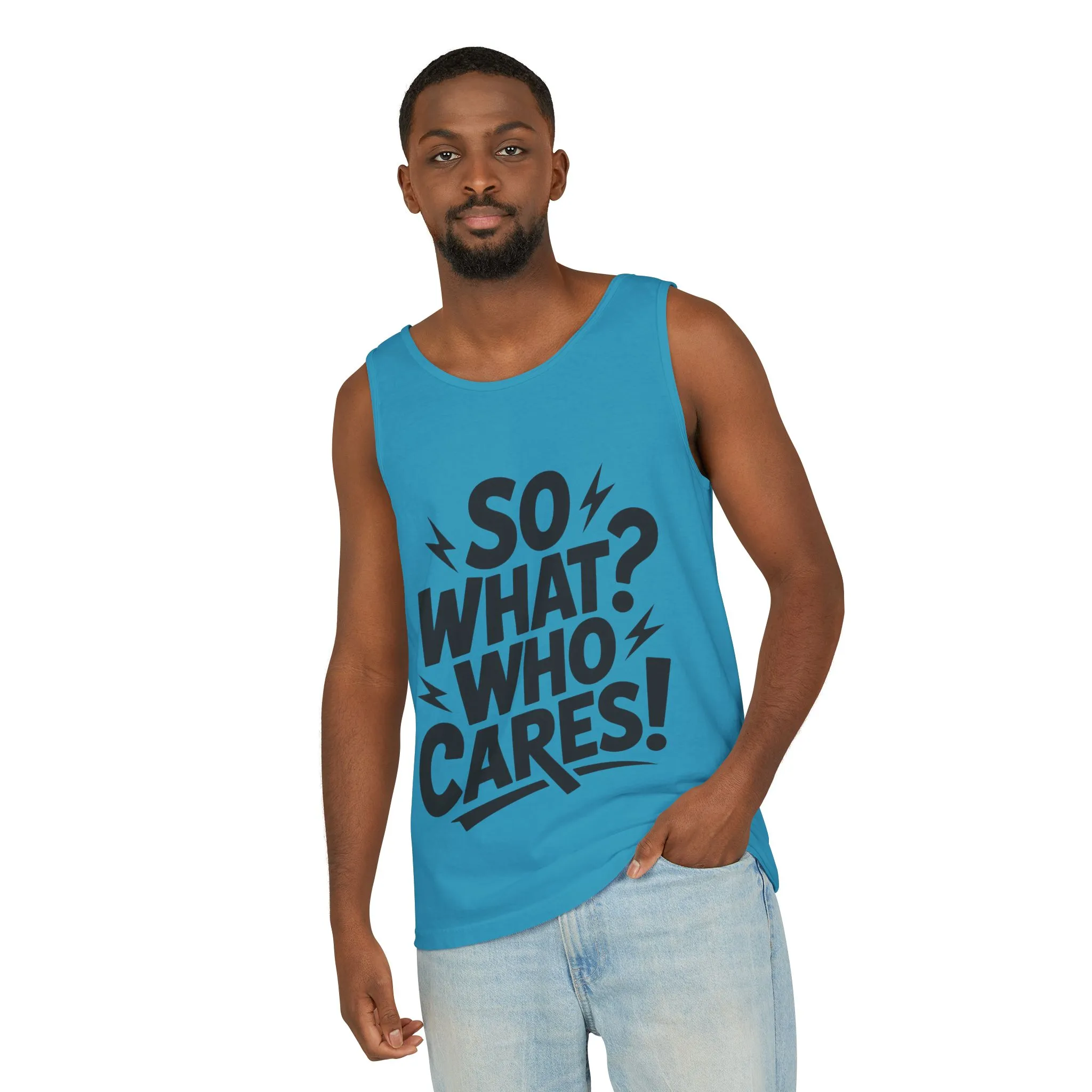 Mens Tank Top, "So What? Who Cares!", Casual Summer Wear, Beach Trip, Festival Outfit, Lightning Print, Sarcastic Summer Tee, Gym Tank - Image 14