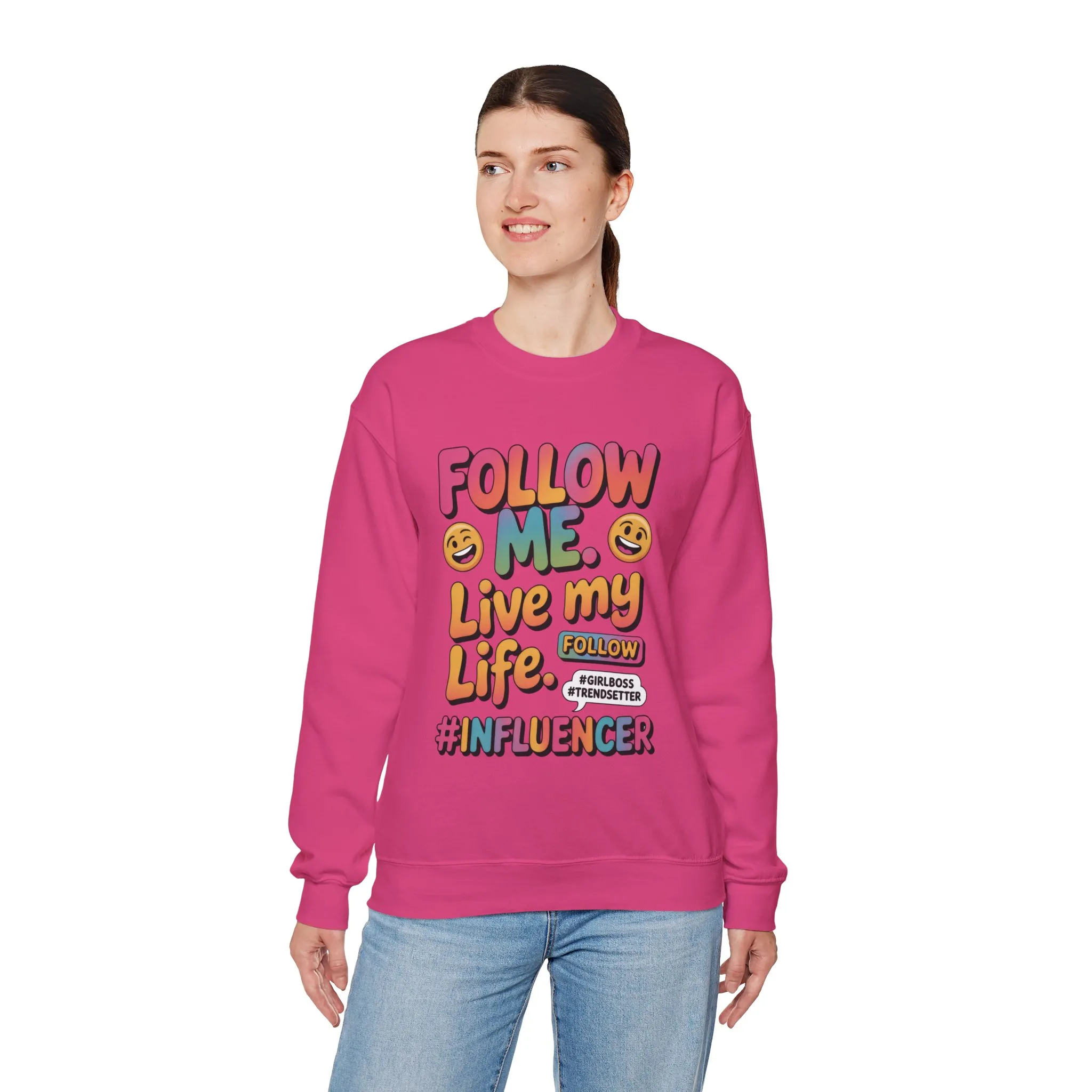 Womens Heavy Blend™ Crewneck Sweatshirt, Influencer Sweatshirt, Colorful Follow Me Live My Life Graphic Sweatshirt, Trendy GirlBoss Outfit - Image 21