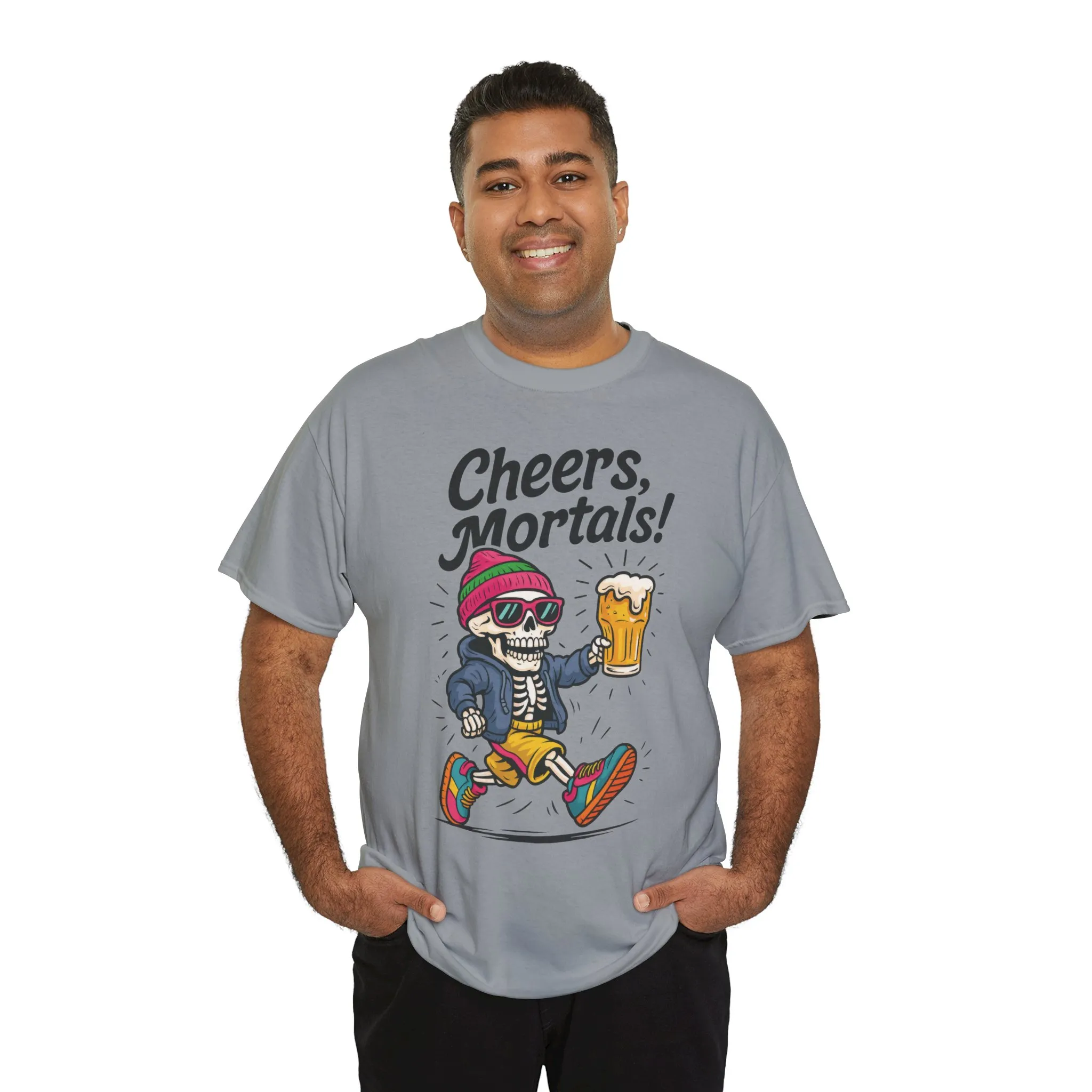 Cheers, Mortals! Mens Tee, Funny Skeleton Beer Graphic Tee, Cool Drinking Humor Shirt, Party Gift for Him, Halloween Tee, Beer Lovers Gift - Image 3