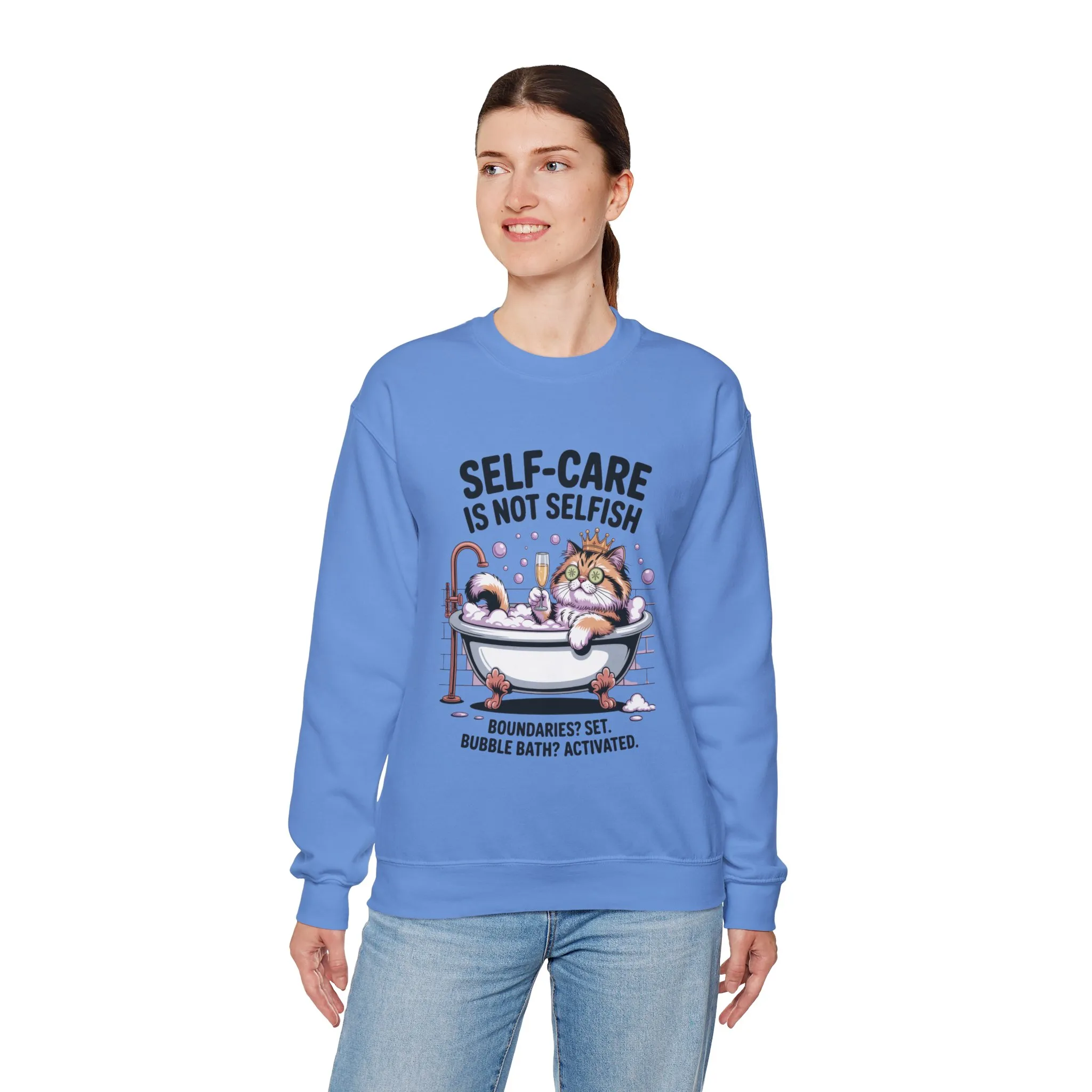 Womens Crewneck Sweatshirt, Self-Care Cat Shirt, Funny Cat Tee, Relaxing Kitty Graphic, Self Care Is Not Selfish Womens Sweatshirt - Image 15