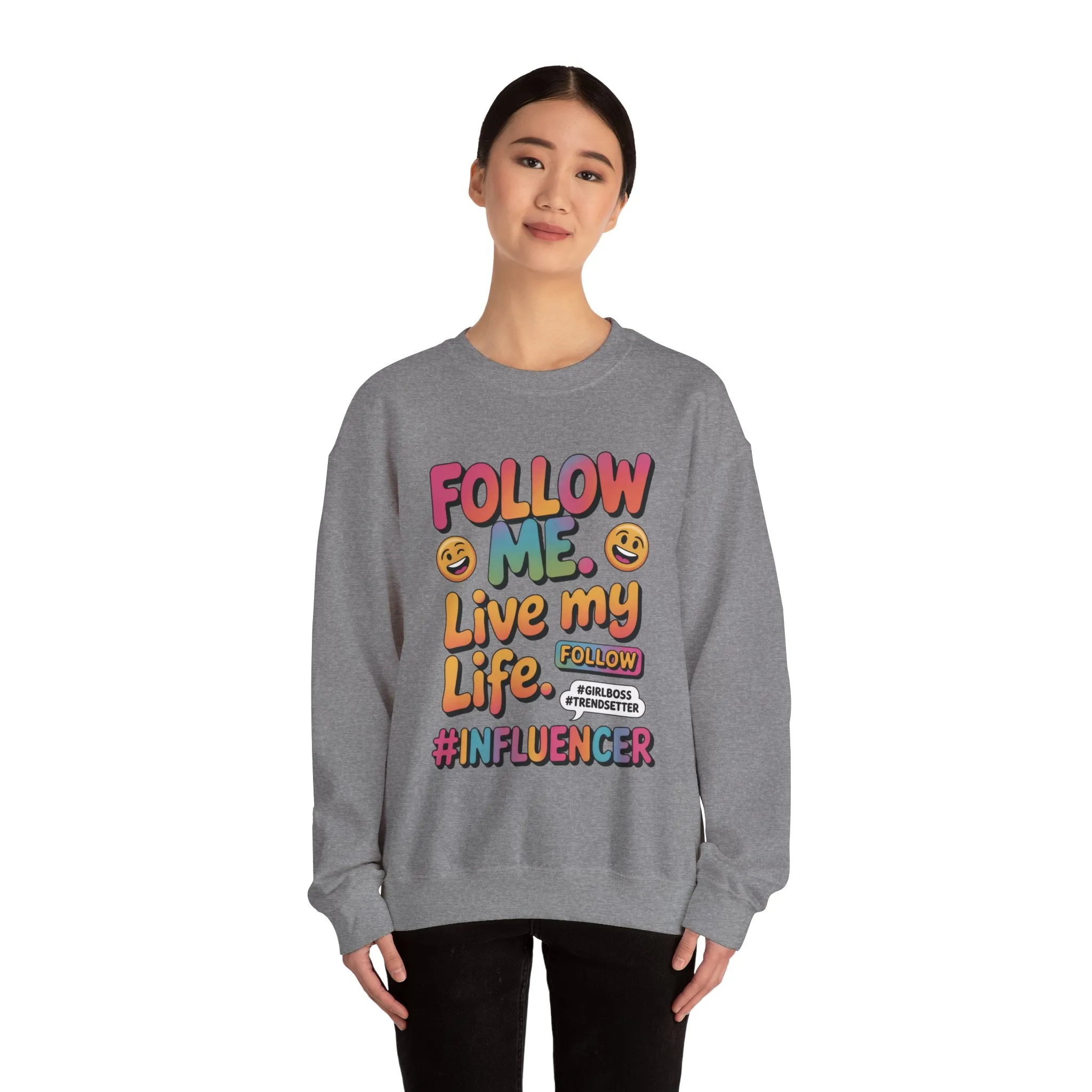 Womens Heavy Blend™ Crewneck Sweatshirt, Influencer Sweatshirt, Colorful Follow Me Live My Life Graphic Sweatshirt, Trendy GirlBoss Outfit - Image 8
