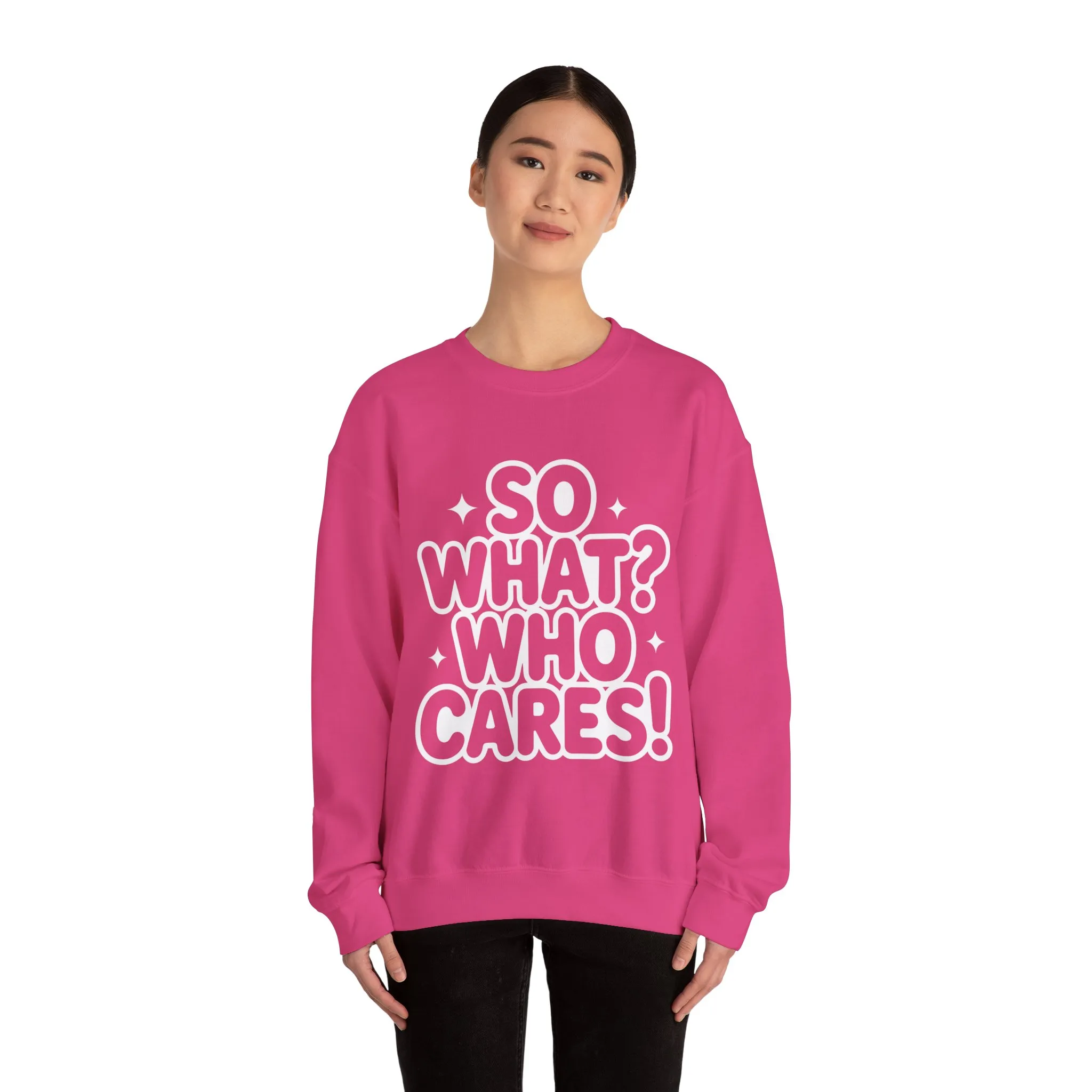 Trendy Womens Crewneck Sweatshirt with 'So What? Who Cares!' Print, Funny Typography Sweater, Sassy Graphic Sweater for Women - Image 23
