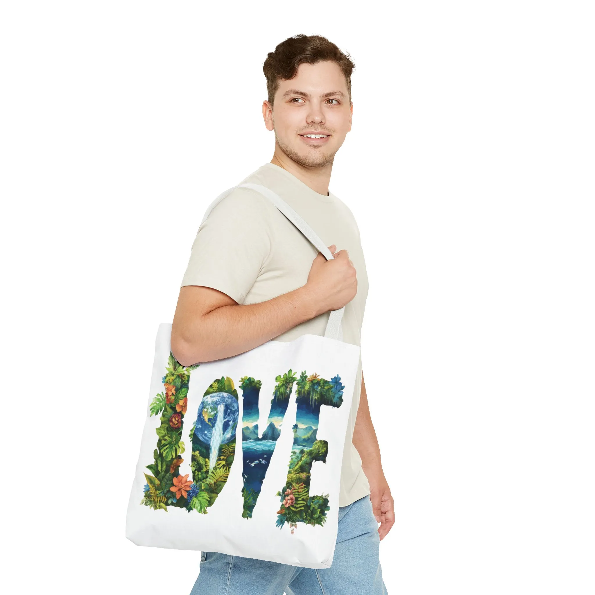 Earth Day LOVE Tote Bag, Eco Friendly Nature Art Bag, Sustainable Planet Message, Floral Tote, Shopping Bag, Beach Bag, Large Canvas Bag - Image 4