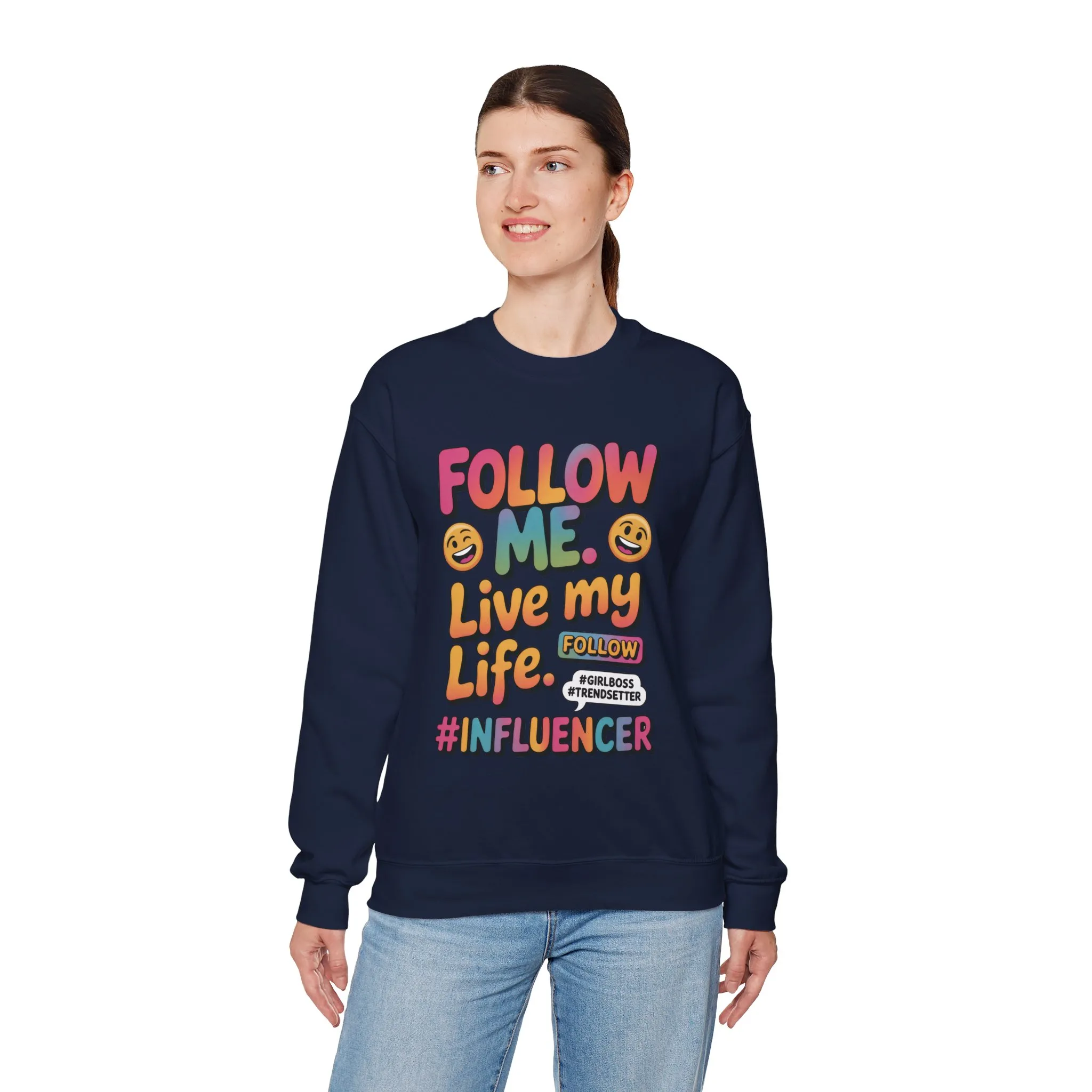 Womens Heavy Blend™ Crewneck Sweatshirt, Influencer Sweatshirt, Colorful Follow Me Live My Life Graphic Sweatshirt, Trendy GirlBoss Outfit - Image 18