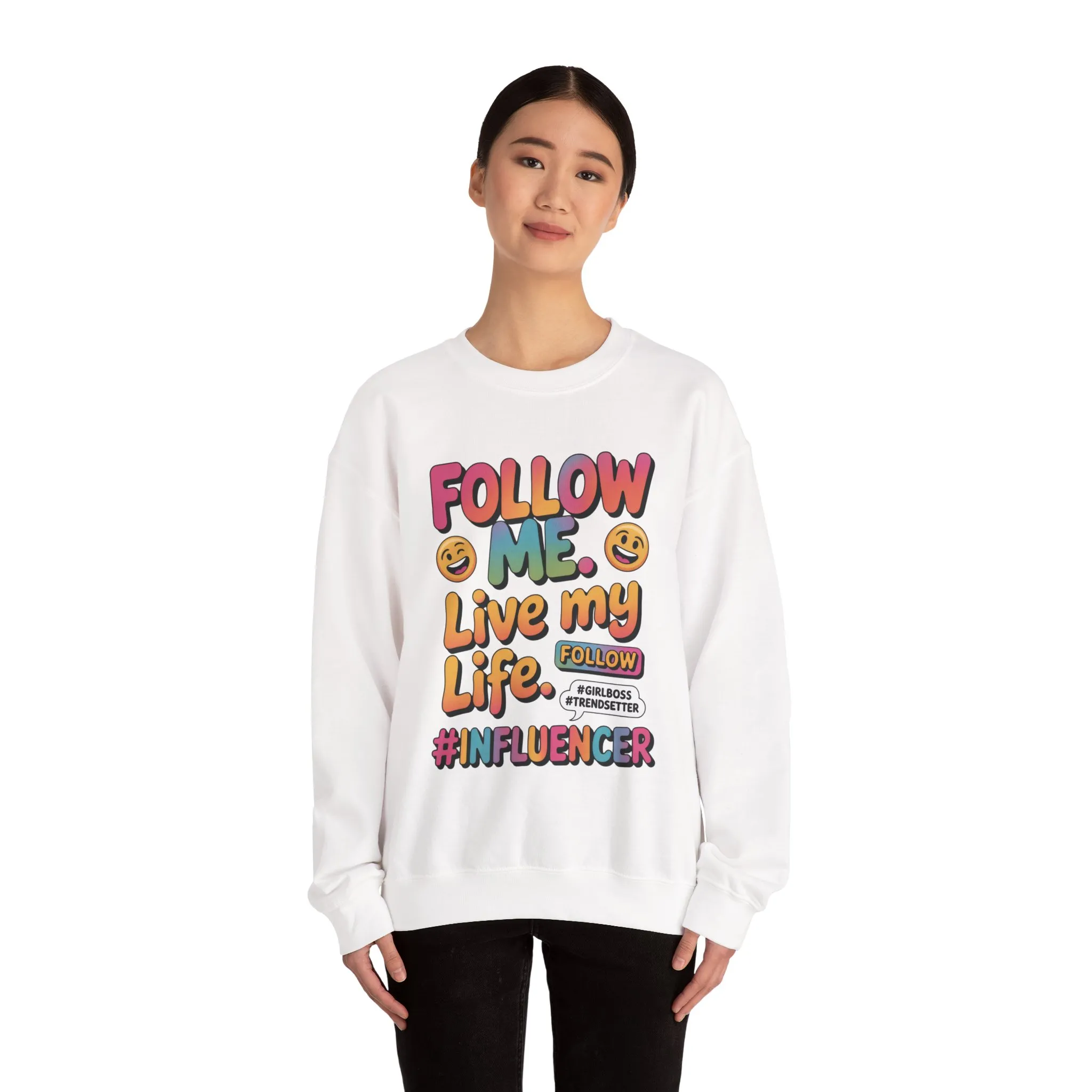 Womens Heavy Blend™ Crewneck Sweatshirt, Influencer Sweatshirt, Colorful Follow Me Live My Life Graphic Sweatshirt, Trendy GirlBoss Outfit - Image 26
