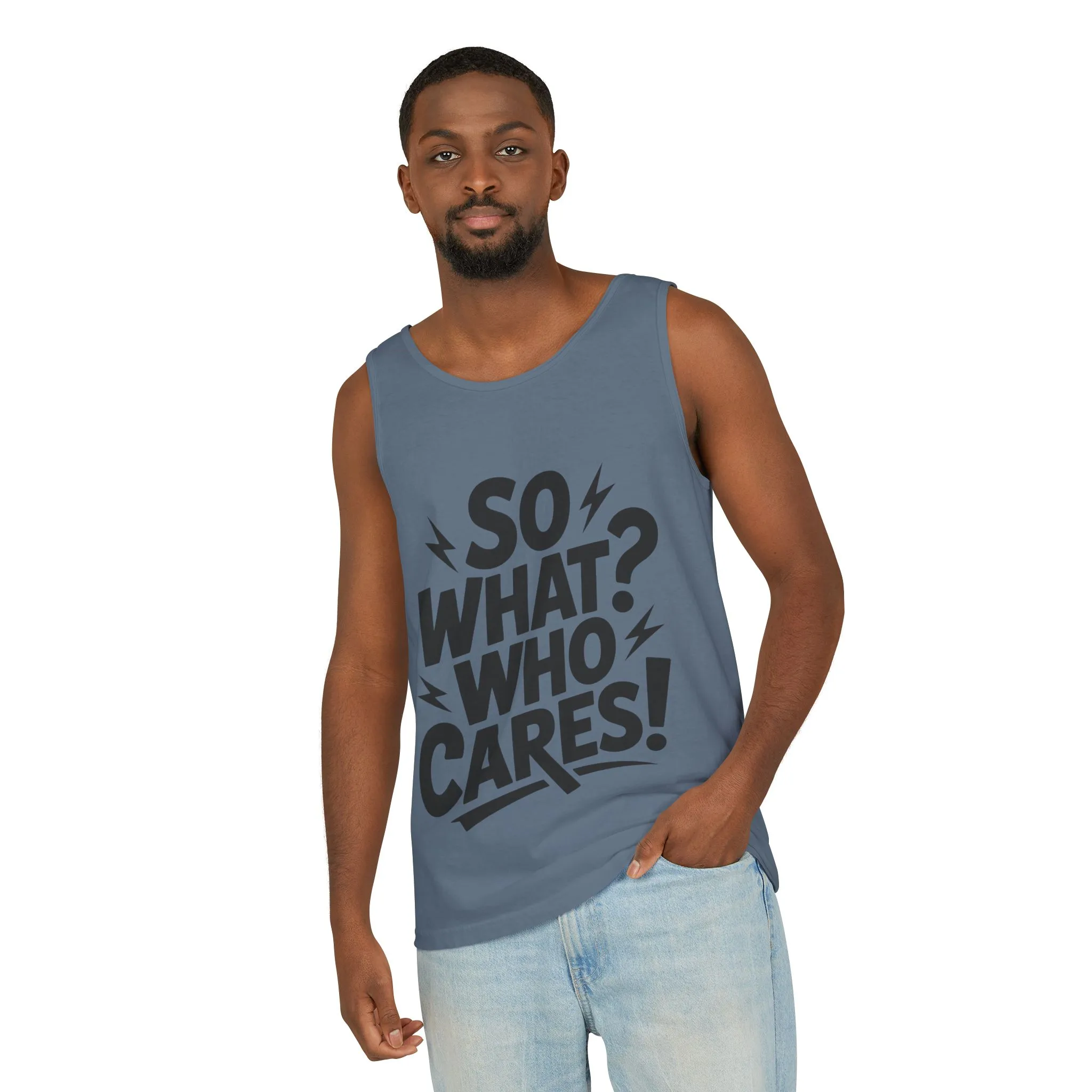 Mens Tank Top, "So What? Who Cares!", Casual Summer Wear, Beach Trip, Festival Outfit, Lightning Print, Sarcastic Summer Tee, Gym Tank - Image 17