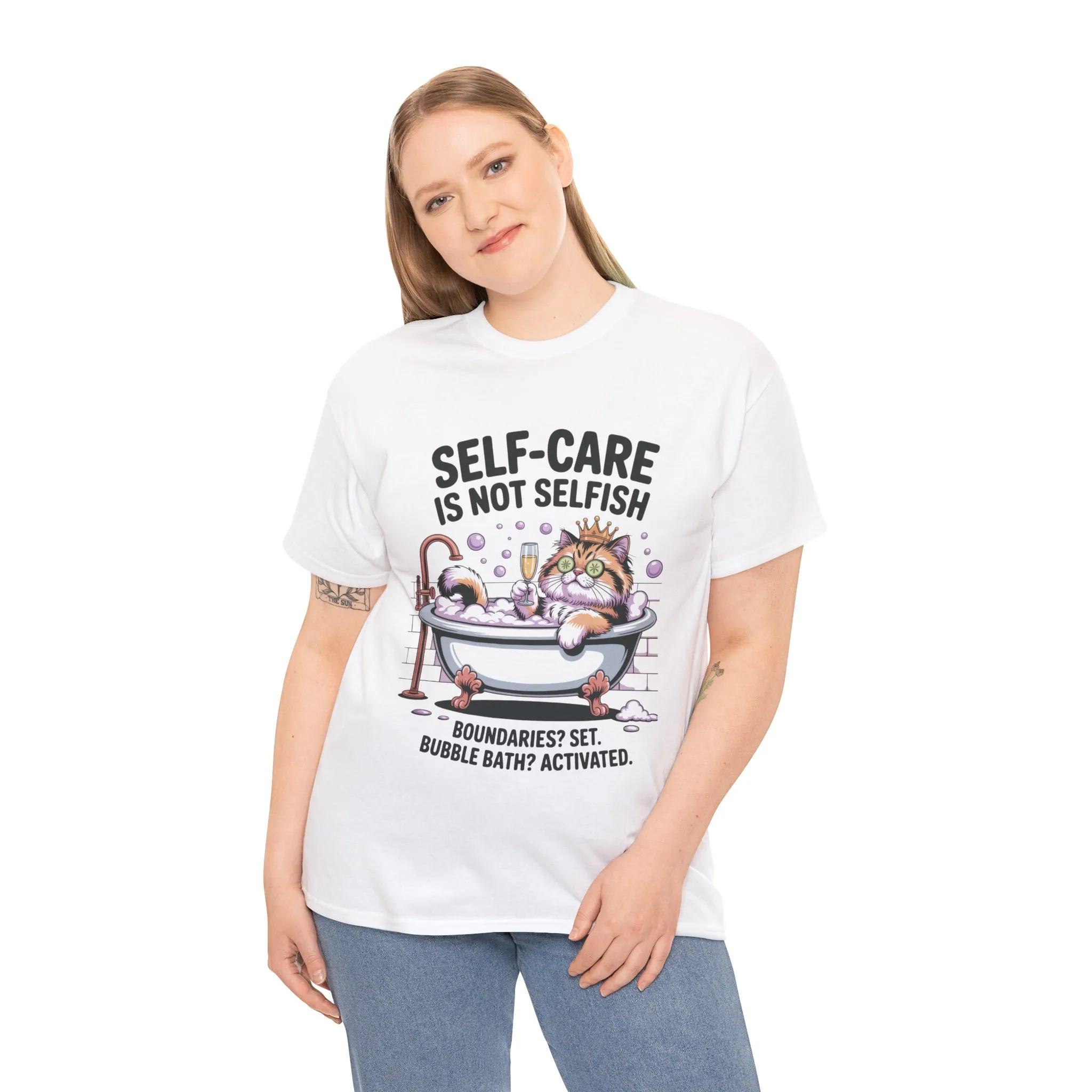 Womens Heavy Cotton Tee, Self-Care Cat Shirt, Funny Cat Bubble Bath Tee, Relaxing Kitty Graphic, Self Care Is Not Selfish Womens T-Shirt - Image 6