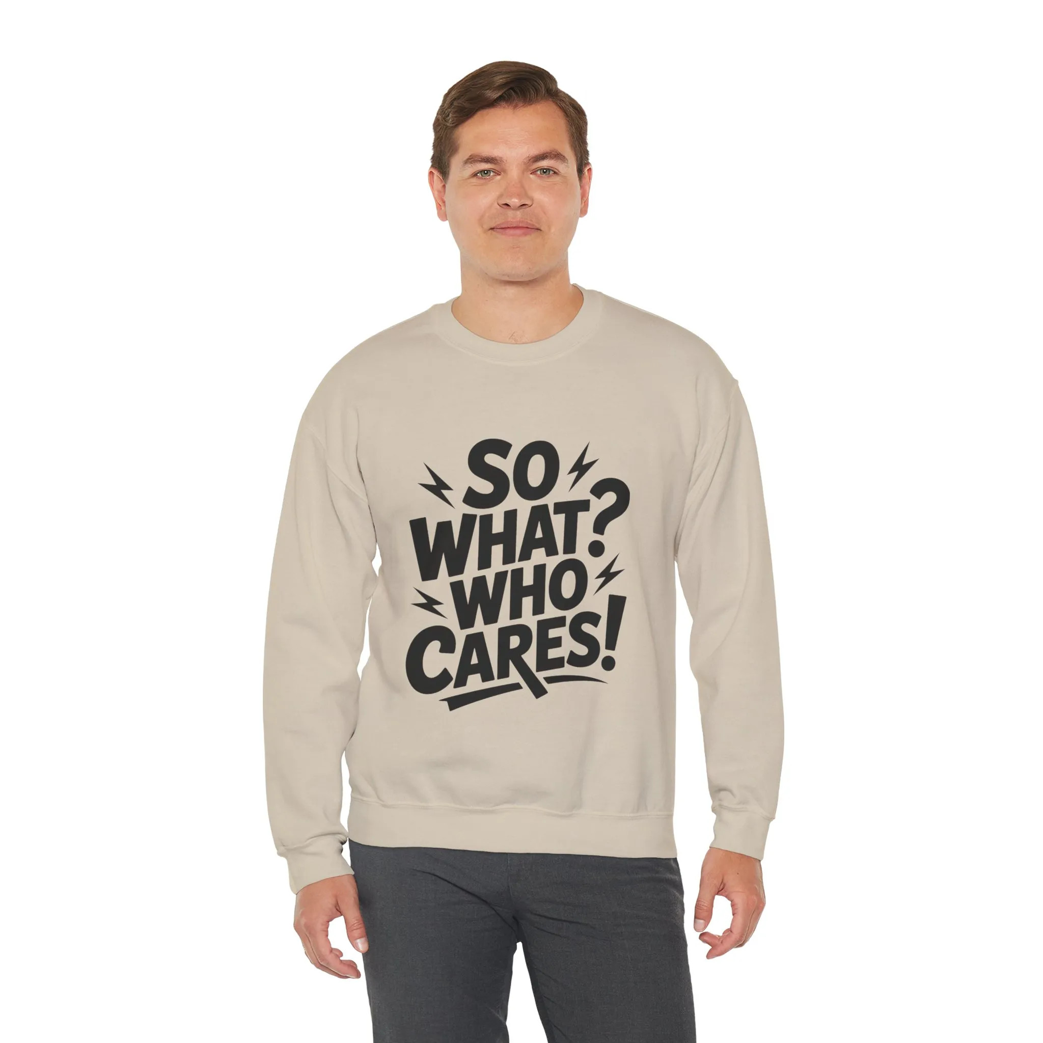 So What? Who Cares! Funny Mens Crewneck Sweatshirt, Bold Statement Design, Lightning Graphic Pullover, Rebellious Urban Humor - Image 6