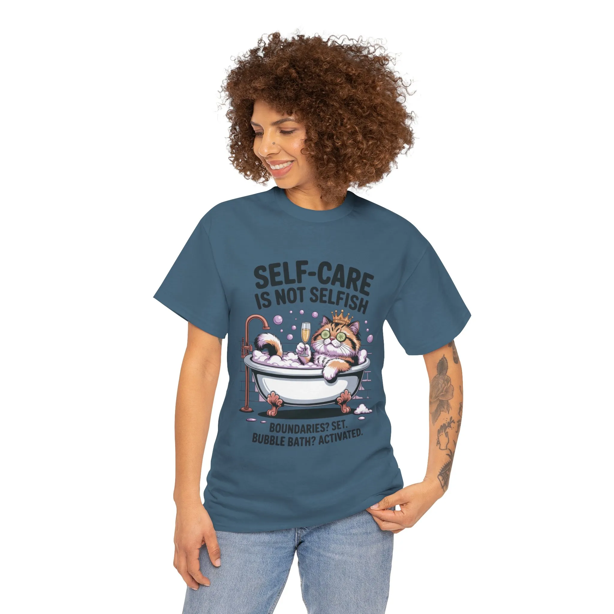 Womens Heavy Cotton Tee, Self-Care Cat Shirt, Funny Cat Bubble Bath Tee, Relaxing Kitty Graphic, Self Care Is Not Selfish Womens T-Shirt - Image 35