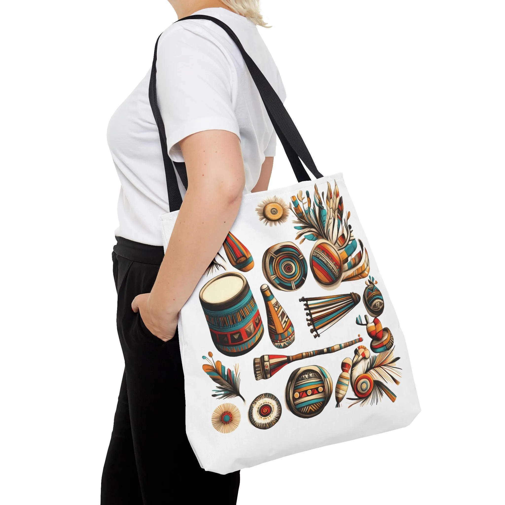 Boho Tribal Music Tote Bag, Ethnic Percussion Instrument Art, Festival Vibes, Shopping Bag, Bohemian Tote, Weekender Bag, Beach Bag, Large Canvas Bag - Image 4