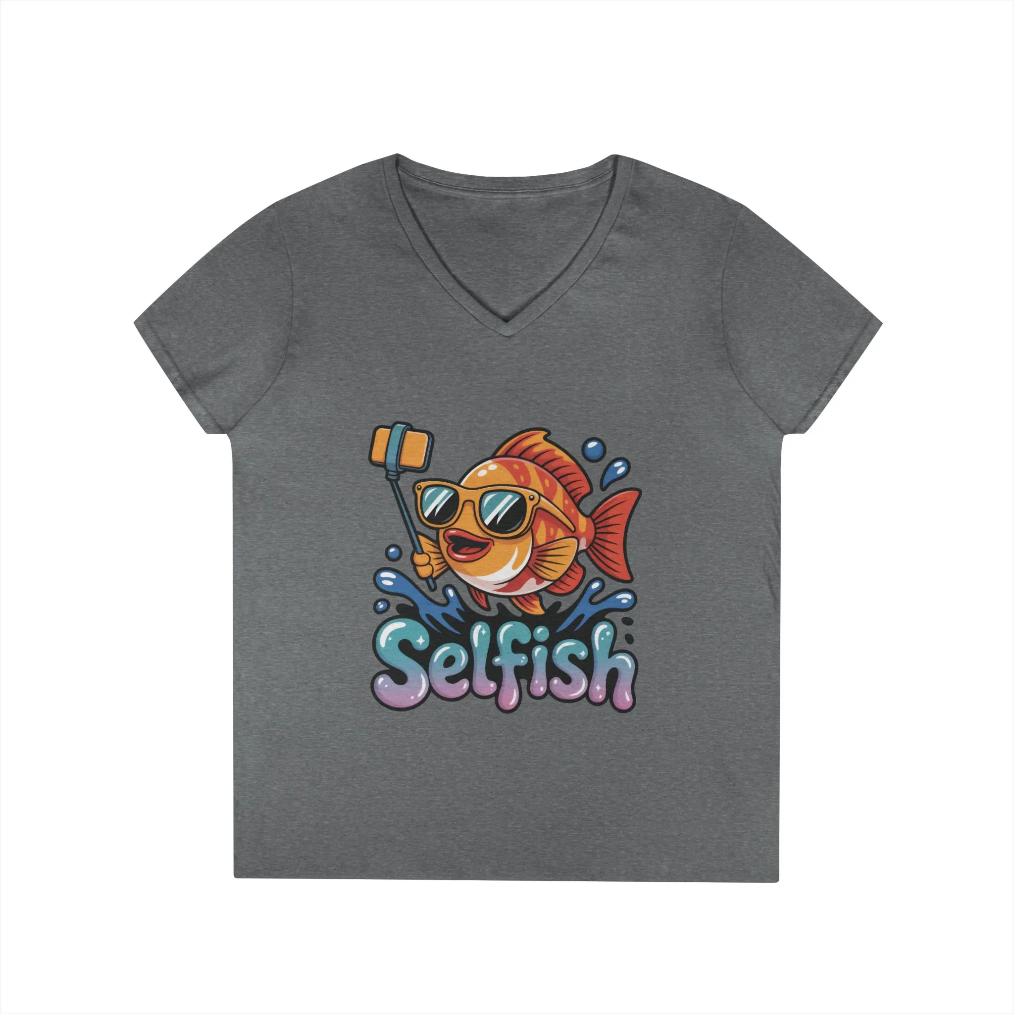 Ladies' V-Neck T-Shirt, Funny Selfie Fish Graphic Womens Tee, Playful Pun Gift for Her, Summer Vibes, Unique Beach Shirt, Outdoor Adventures - Image 2
