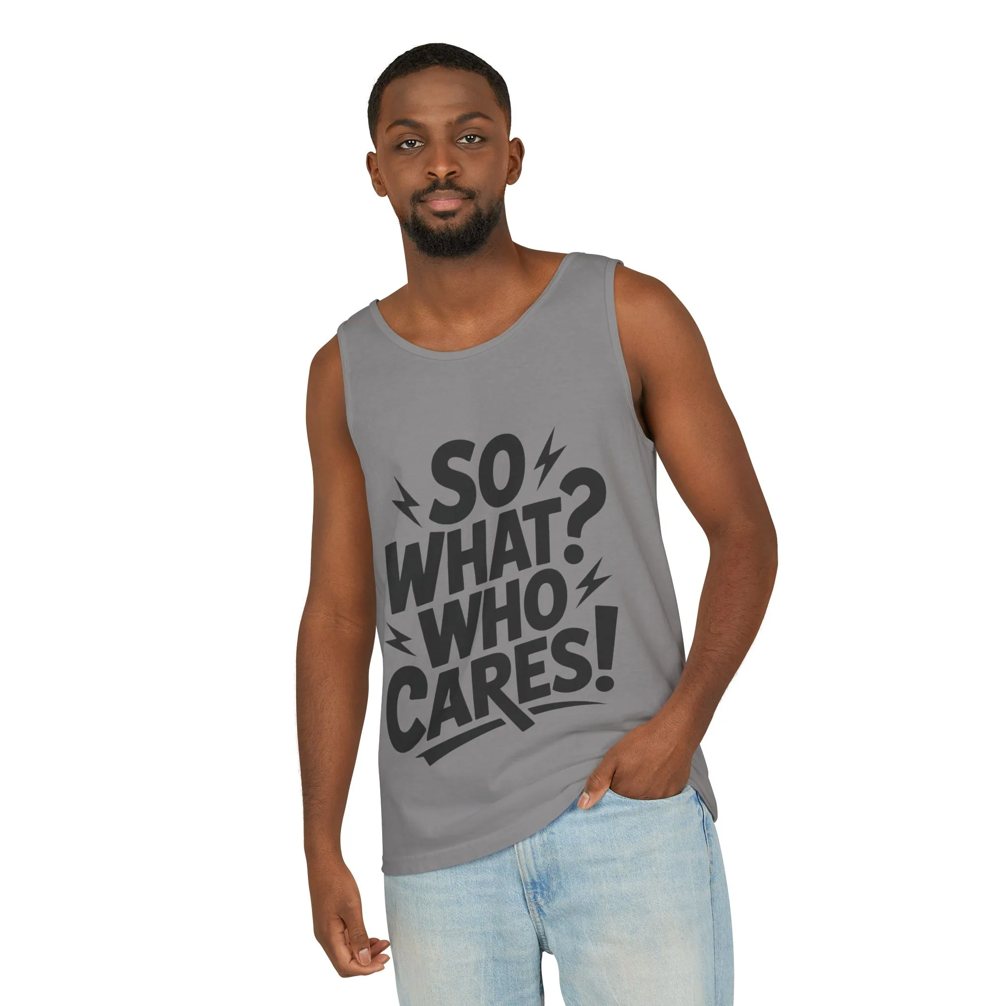 Mens Tank Top, "So What? Who Cares!", Casual Summer Wear, Beach Trip, Festival Outfit, Lightning Print, Sarcastic Summer Tee, Gym Tank - Image 5