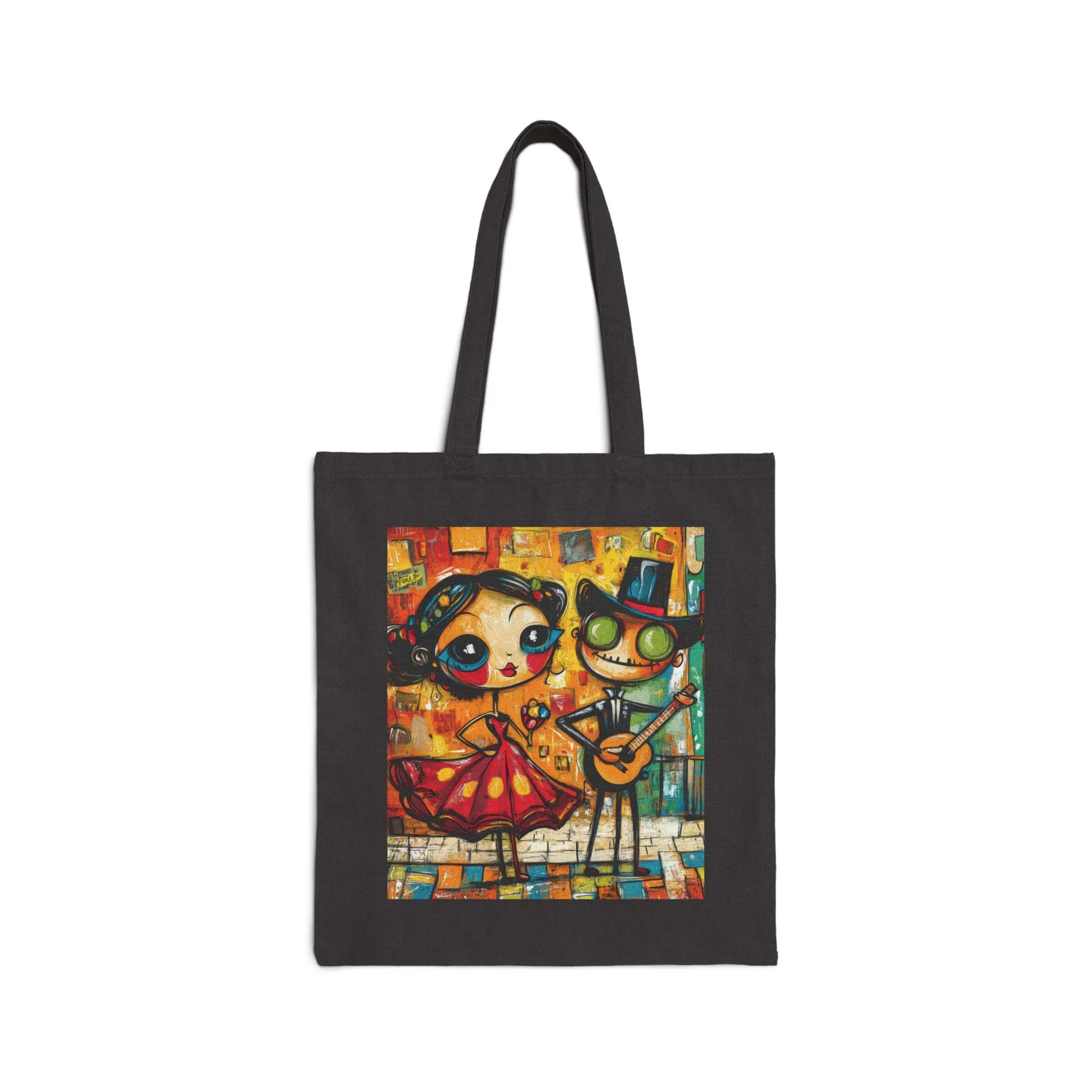 Colorful Cartoon Art Tote Bag, Quirky Gothic Skeleton and Flamenco Girl Illustration, Cotton Canvas Shopping Bag, Funky Day of the Dead Gift - Image 6