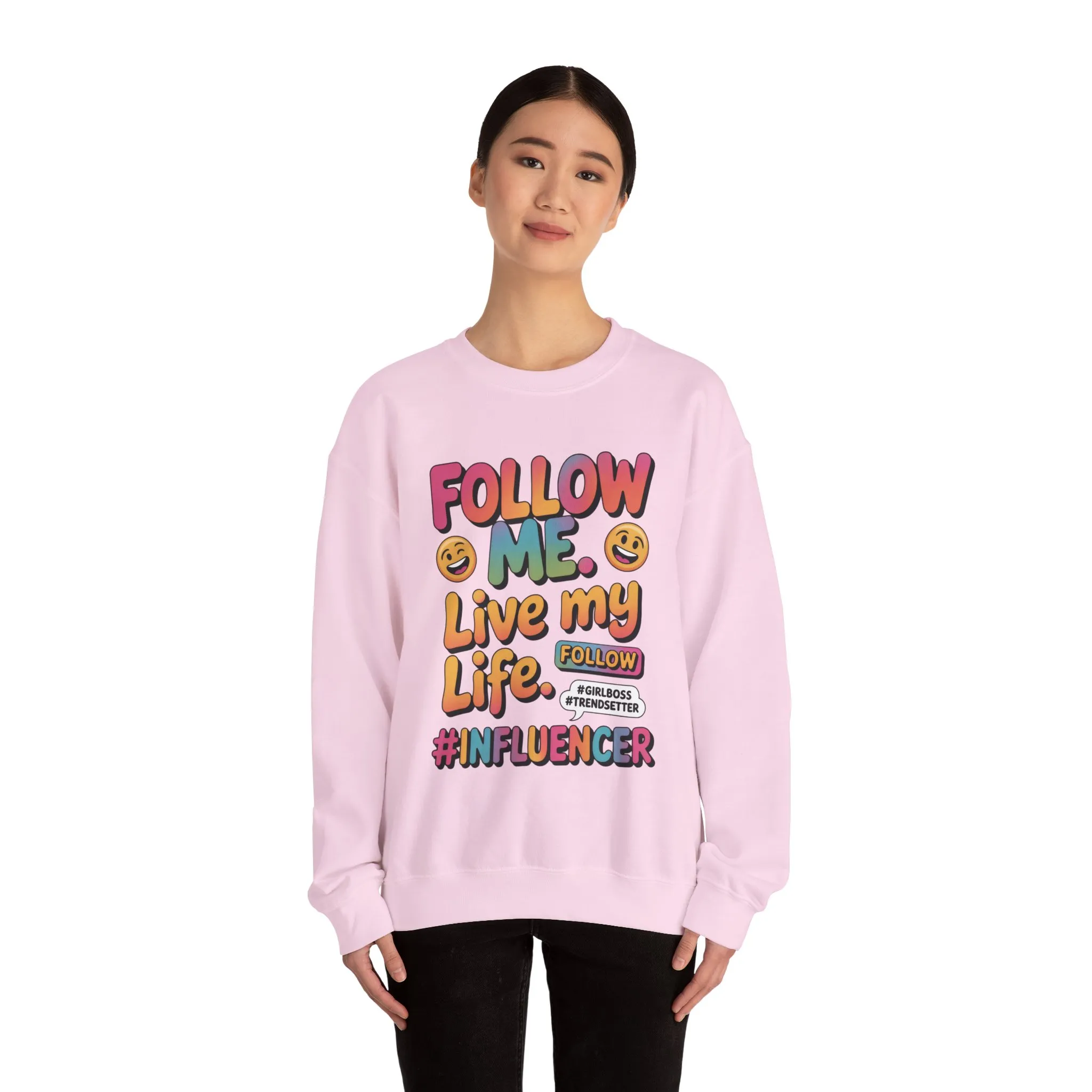 Womens Heavy Blend™ Crewneck Sweatshirt, Influencer Sweatshirt, Colorful Follow Me Live My Life Graphic Sweatshirt, Trendy GirlBoss Outfit - Image 35