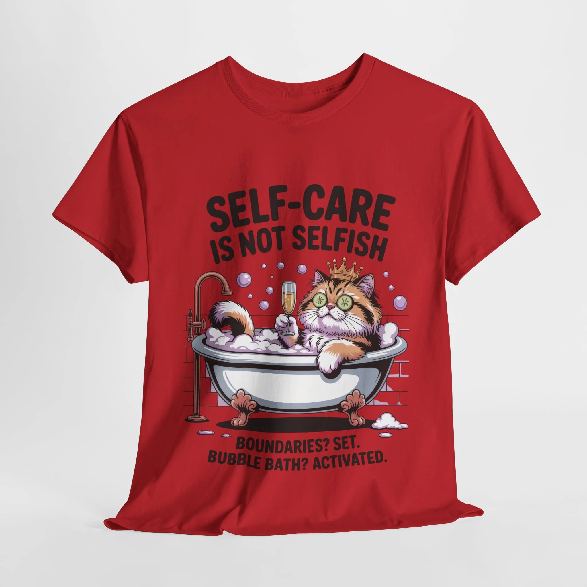 Womens Heavy Cotton Tee, Self-Care Cat Shirt, Funny Cat Bubble Bath Tee, Relaxing Kitty Graphic, Self Care Is Not Selfish Womens T-Shirt - Image 28