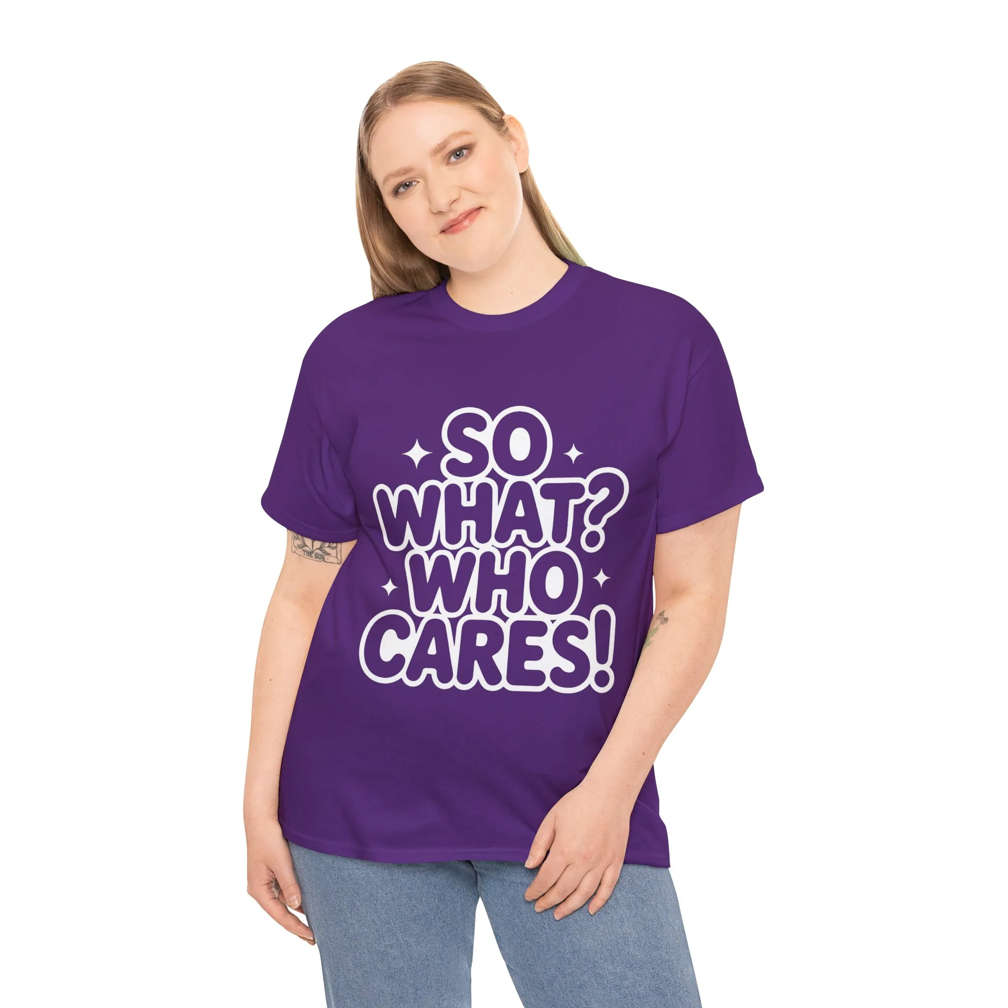 Trendy Womens Cotton Tee with 'So What? Who Cares!' Print, Casual Wear for Confident Souls, Funny Typography Shirt, Womens Sassy Graphic Tee - Image 36