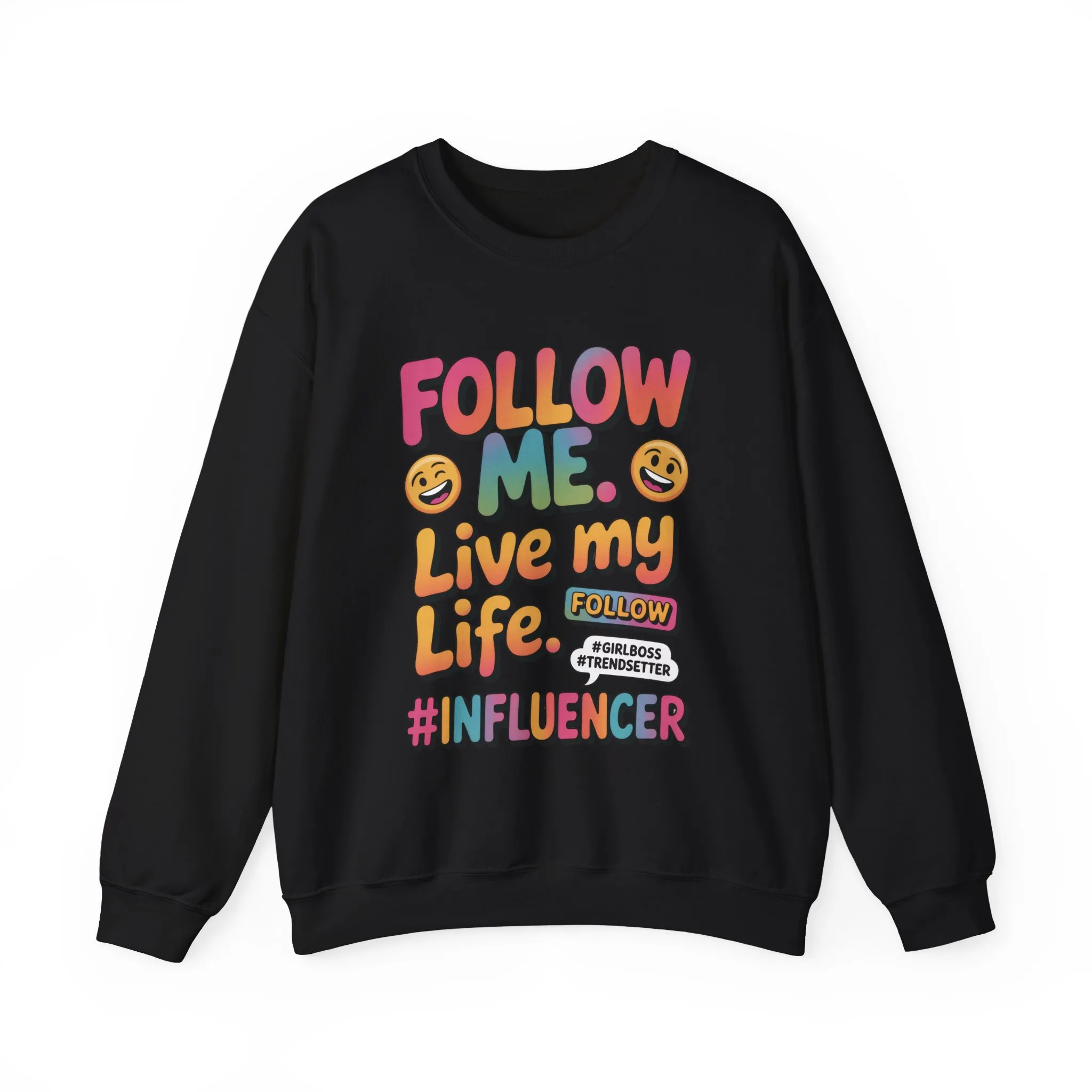 Womens Heavy Blend™ Crewneck Sweatshirt, Influencer Sweatshirt, Colorful Follow Me Live My Life Graphic Sweatshirt, Trendy GirlBoss Outfit - Image 4