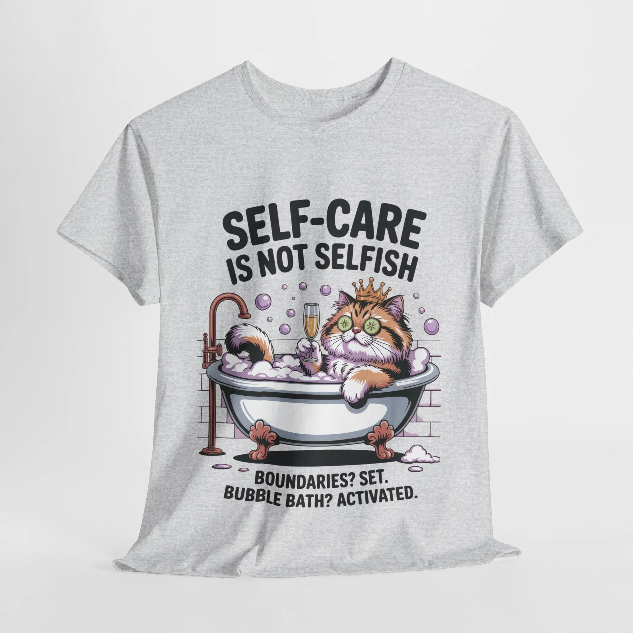 Womens Heavy Cotton Tee, Self-Care Cat Shirt, Funny Cat Bubble Bath Tee, Relaxing Kitty Graphic, Self Care Is Not Selfish Womens T-Shirt - Image 7