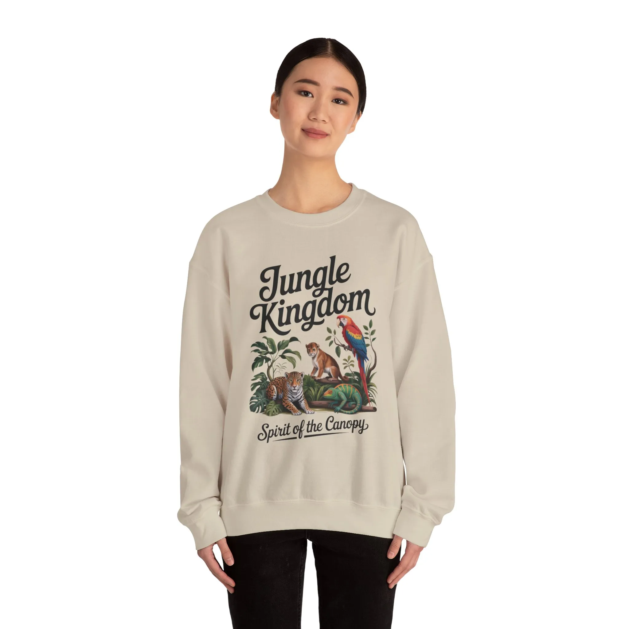 Jungle Kingdom Womens Sweatshirt, Cozy Jungle Crewneck, Nature Lover Gift, Wildlife Artwork, Eco-Conscious Apparel, Animal Enthusiast Clothing