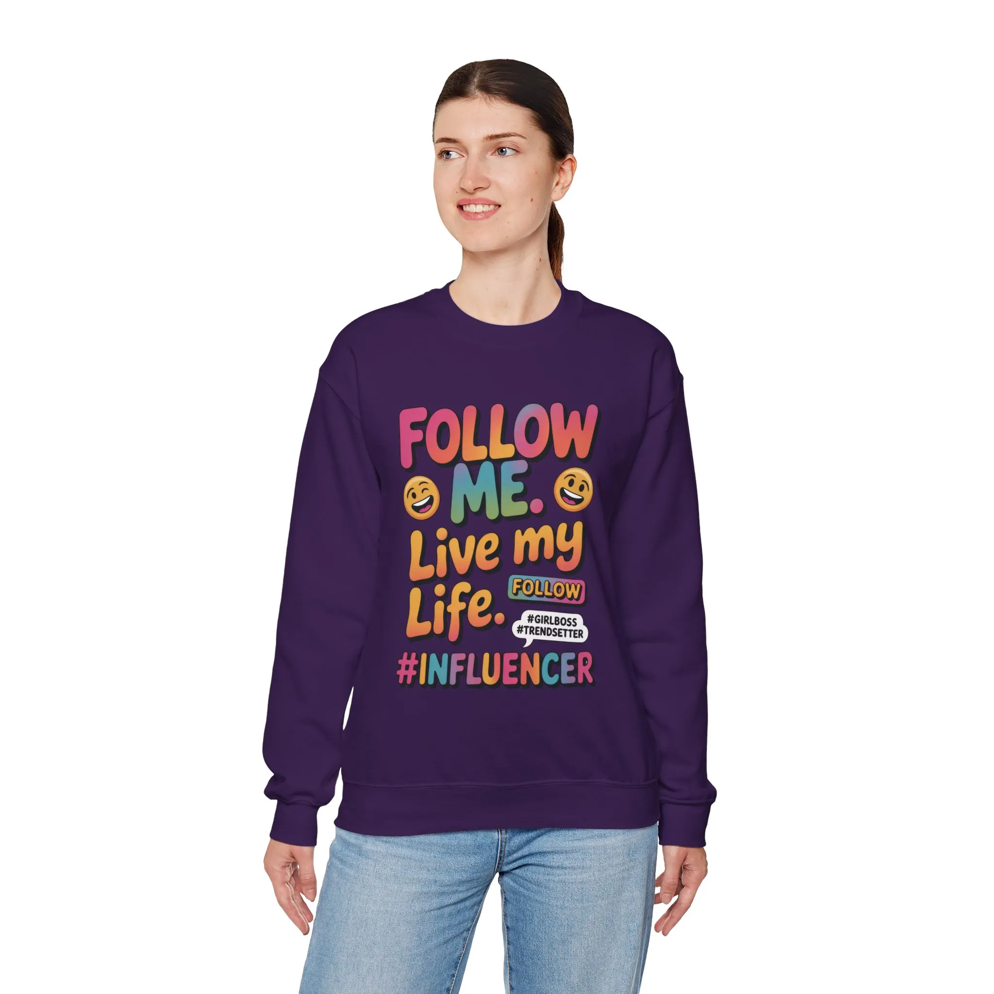 Womens Heavy Blend™ Crewneck Sweatshirt, Influencer Sweatshirt, Colorful Follow Me Live My Life Graphic Sweatshirt, Trendy GirlBoss Outfit - Image 3
