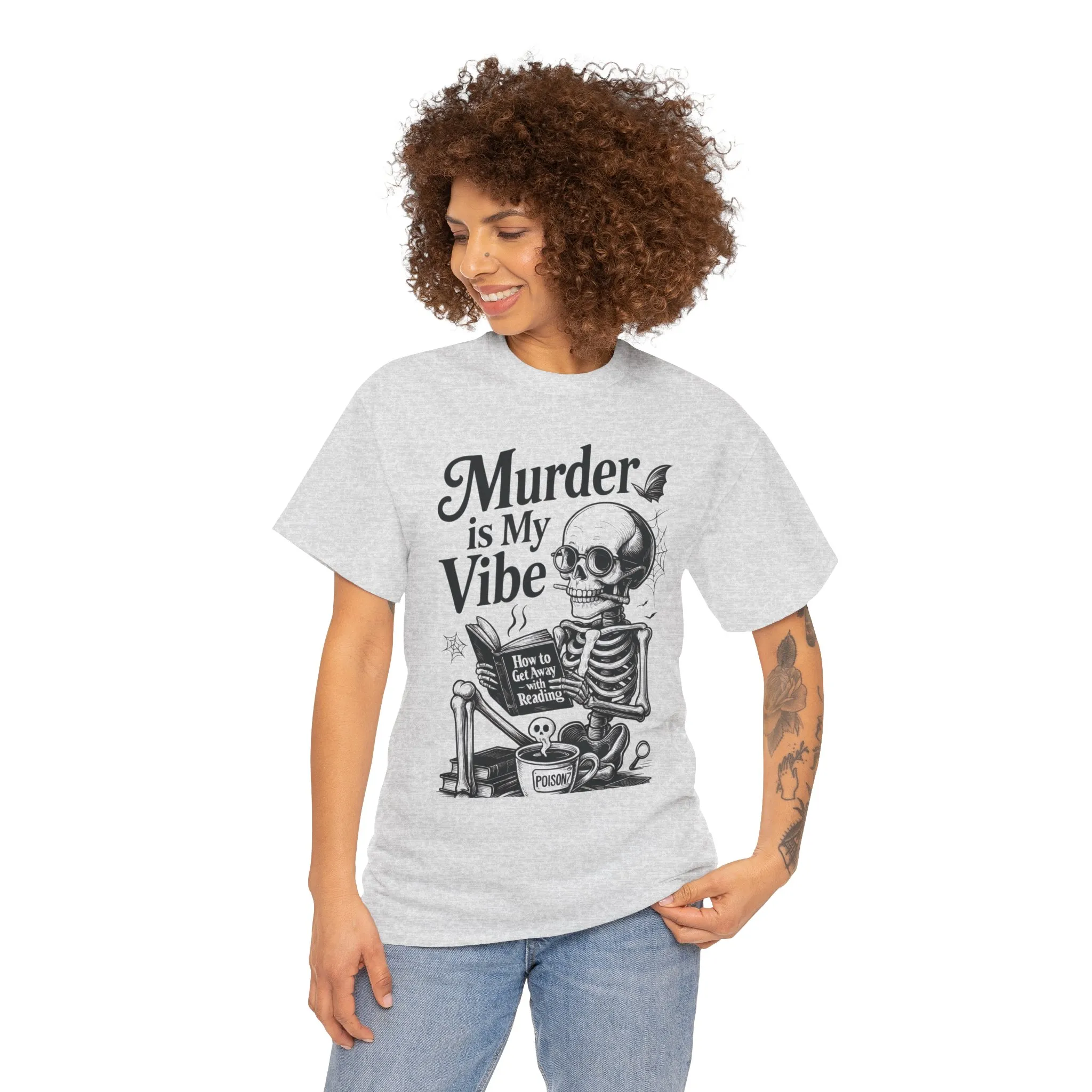 Womens Heavy Cotton Tee - "Murder is My Vibe" Graphic Shirt for Ghoulish Vibes, Halloween Fun, Spooky Season, Casual Wear, Gift for [...] - Image 5