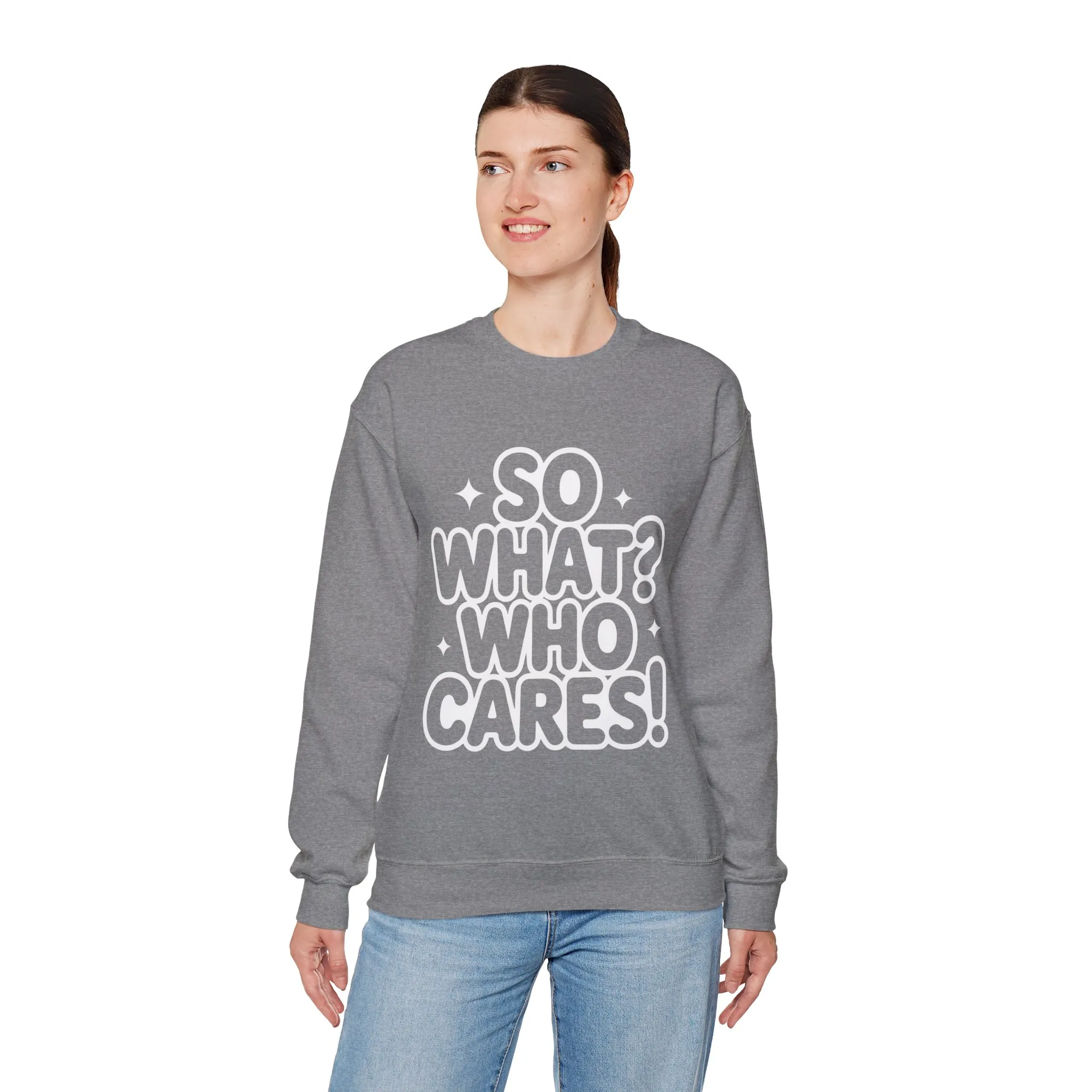 Trendy Womens Crewneck Sweatshirt with 'So What? Who Cares!' Print, Funny Typography Sweater, Sassy Graphic Sweater for Women - Image 6