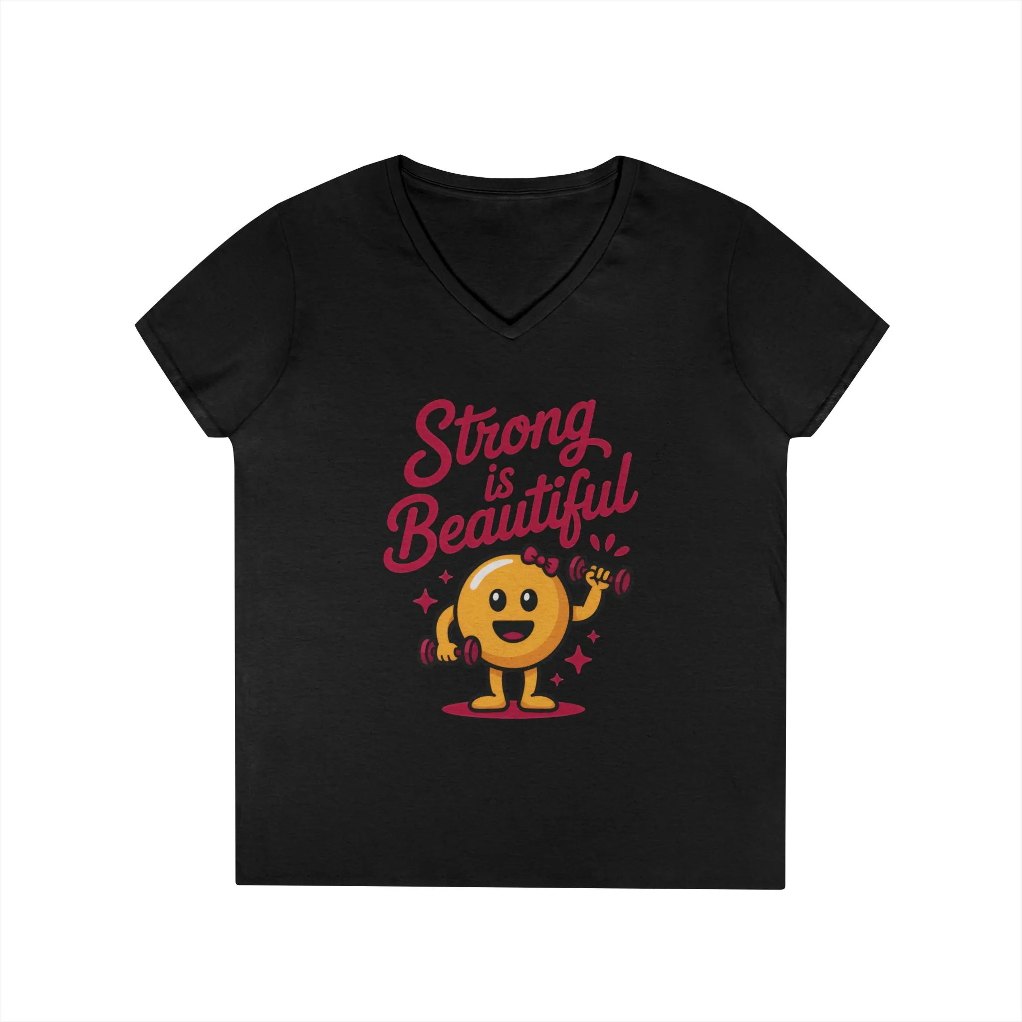 Ladies' V-Neck T-Shirt, Strong is Beautiful Womens Tee, Cute Fitness Character Tee, Inspirational Workout Shirt, Gym Motivation Gift for Her - Image 7