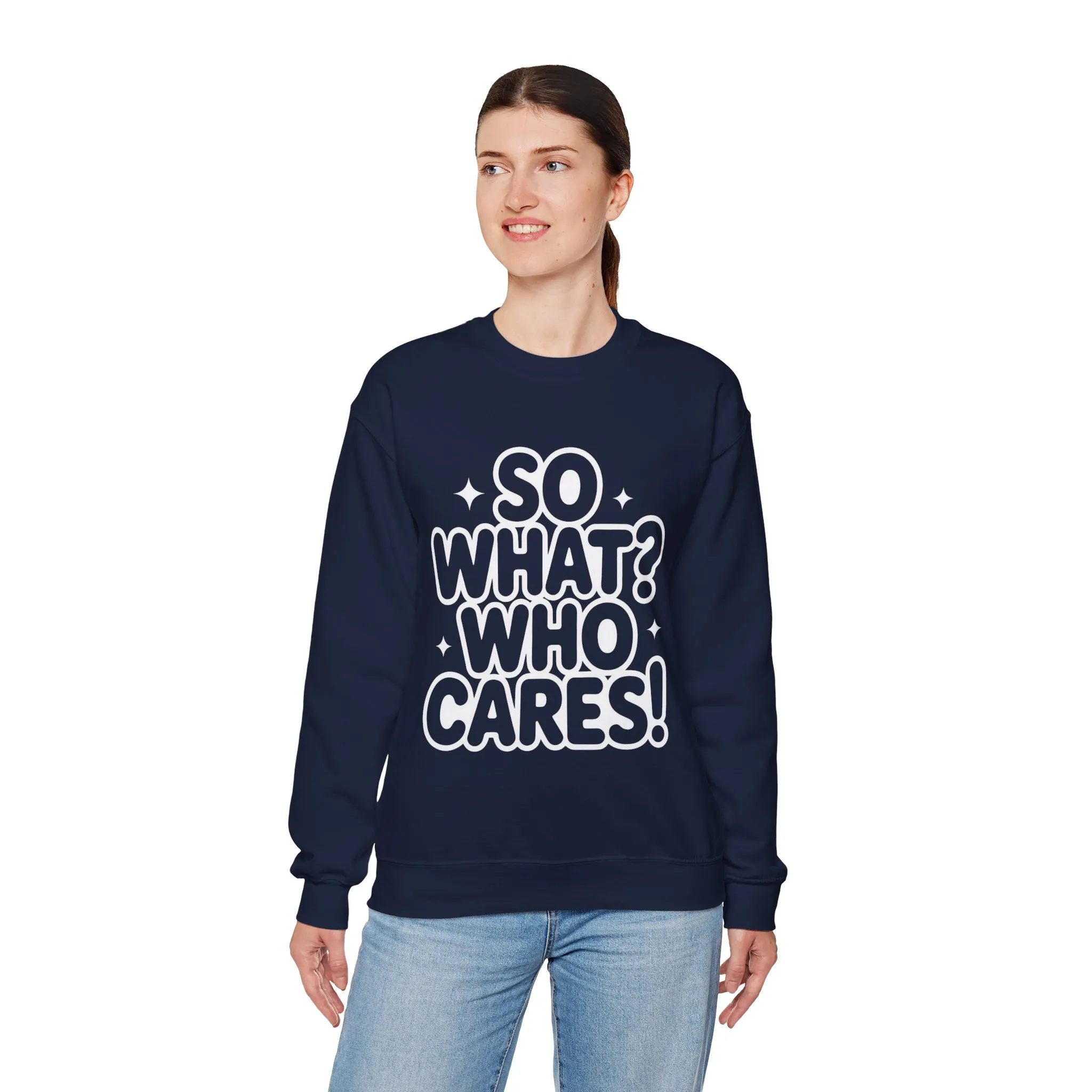 Trendy Womens Crewneck Sweatshirt with 'So What? Who Cares!' Print, Funny Typography Sweater, Sassy Graphic Sweater for Women - Image 18