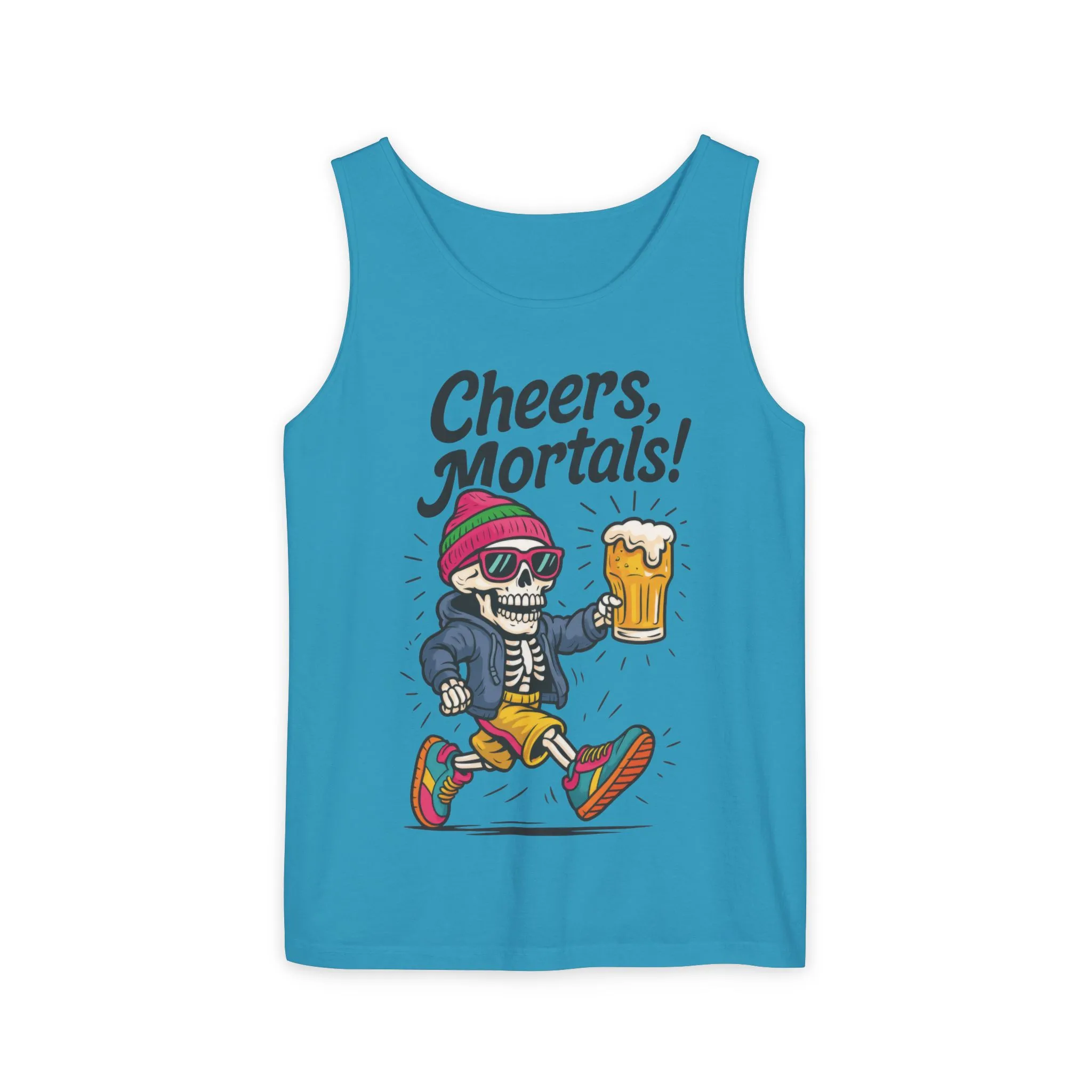 Cheers Mortals! Mens Tank Top, Funny Skeleton Beer Graphic Tee, Drinking Humor Shirt, Party Gift for Him, Halloween Tank, Beer Lovers Gift - Image 2