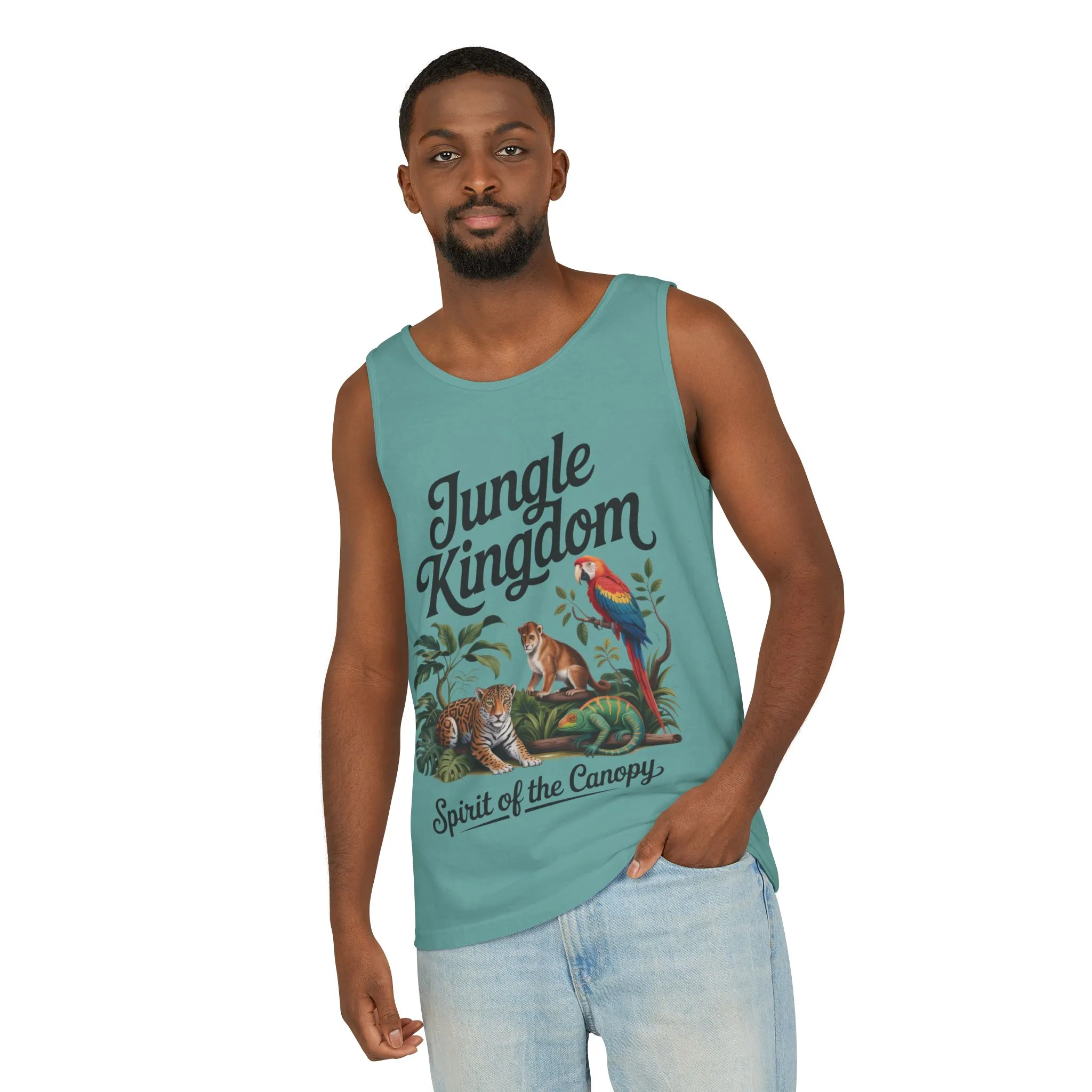 Jungle Kingdom Tank Top, Mens Garment-Dyed Sleeveless Shirt, Spirit of the Canopy Tee, Summer Outfit, Eco-Friendly Casual Wear - Image 10