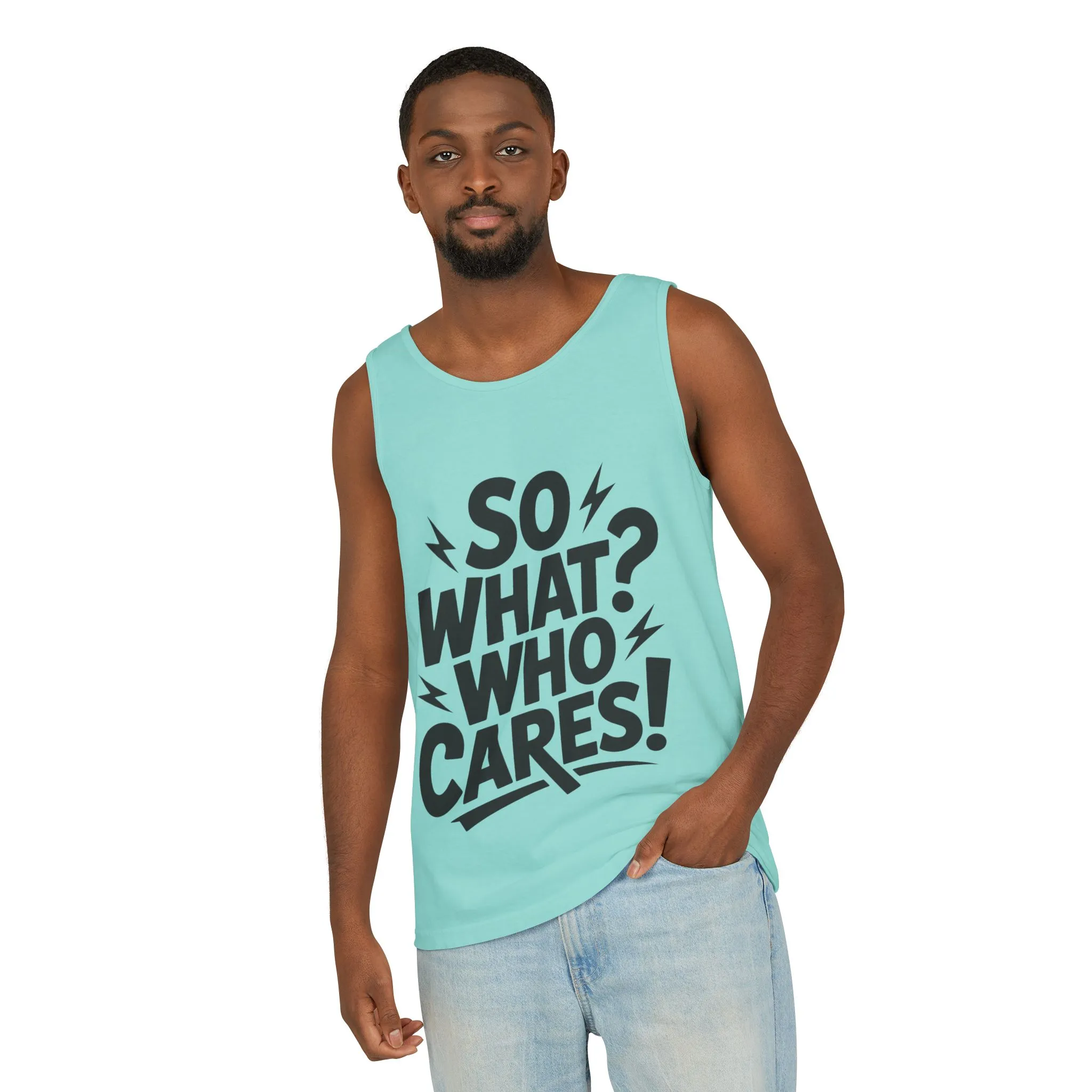 Mens Tank Top, "So What? Who Cares!", Casual Summer Wear, Beach Trip, Festival Outfit, Lightning Print, Sarcastic Summer Tee, Gym Tank - Image 32