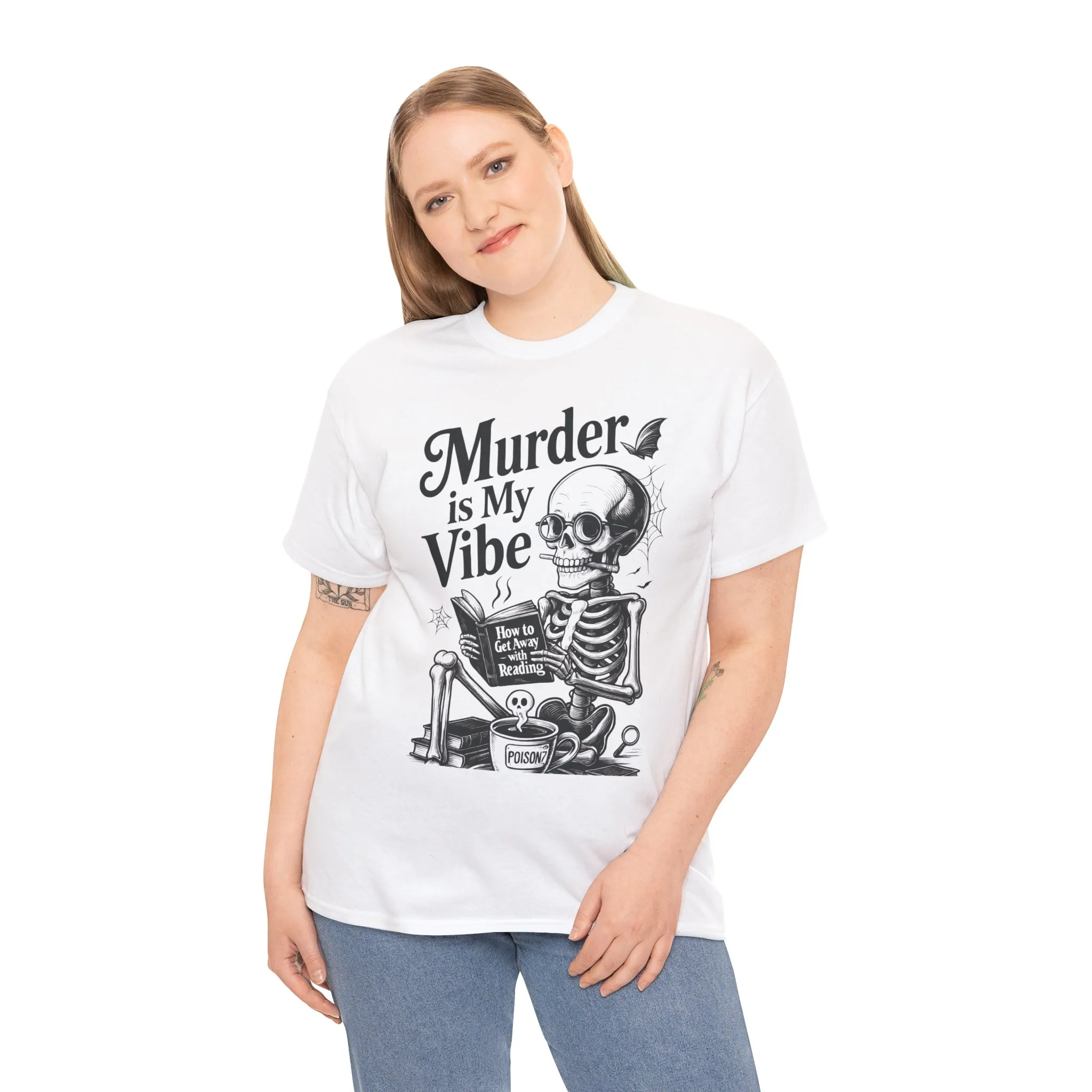 Womens Heavy Cotton Tee - "Murder is My Vibe" Graphic Shirt for Ghoulish Vibes, Halloween Fun, Spooky Season, Casual Wear, Gift for [...] - Image 15