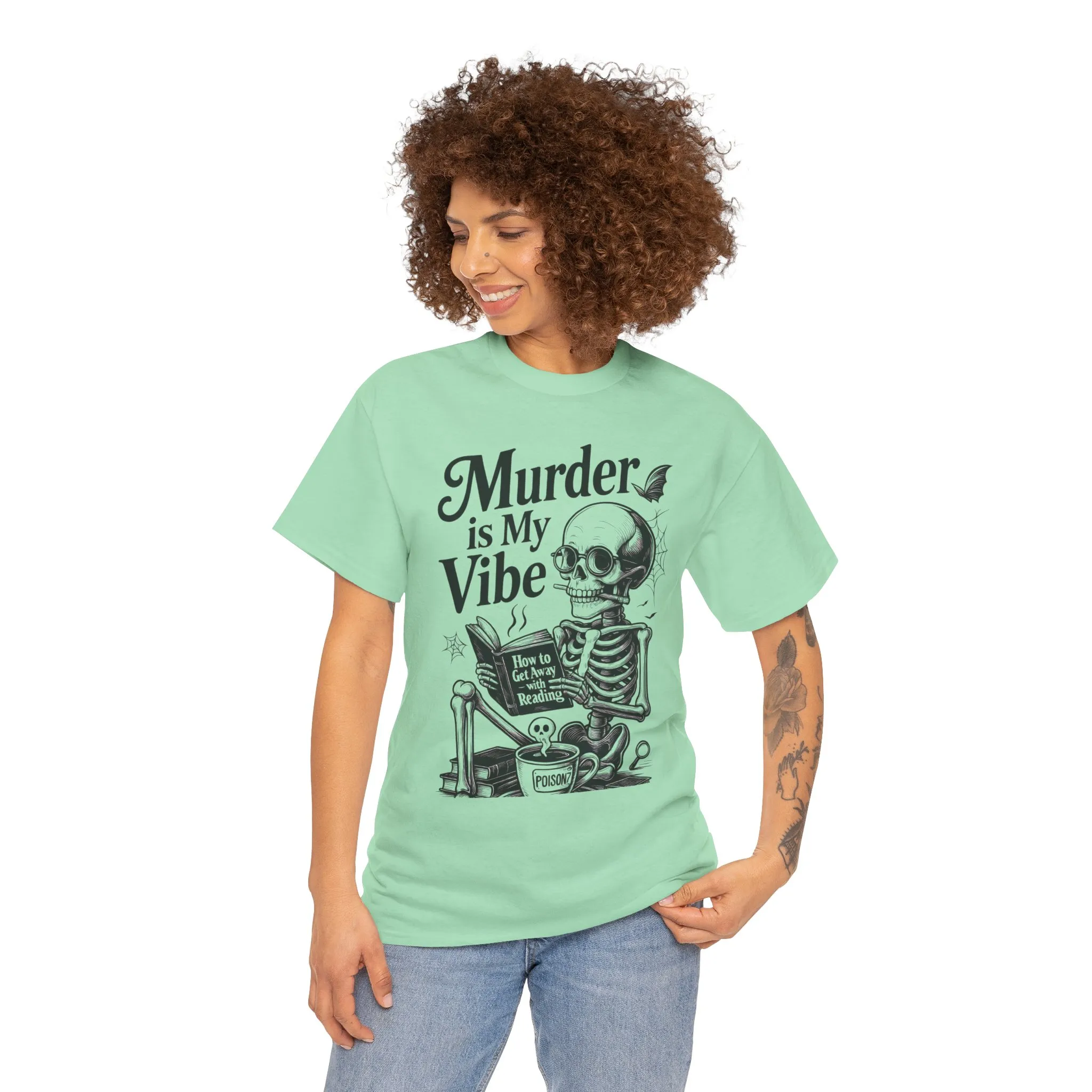 Womens Heavy Cotton Tee - "Murder is My Vibe" Graphic Shirt for Ghoulish Vibes, Halloween Fun, Spooky Season, Casual Wear, Gift for [...] - Image 20