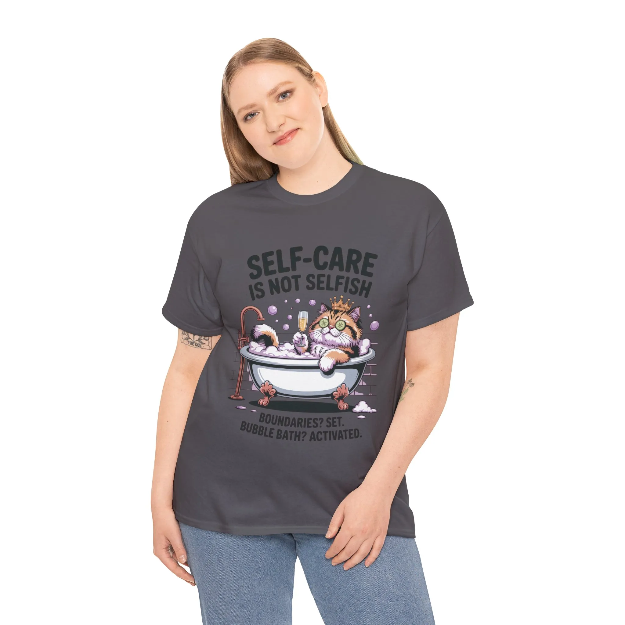 Womens Heavy Cotton Tee, Self-Care Cat Shirt, Funny Cat Bubble Bath Tee, Relaxing Kitty Graphic, Self Care Is Not Selfish Womens T-Shirt - Image 18