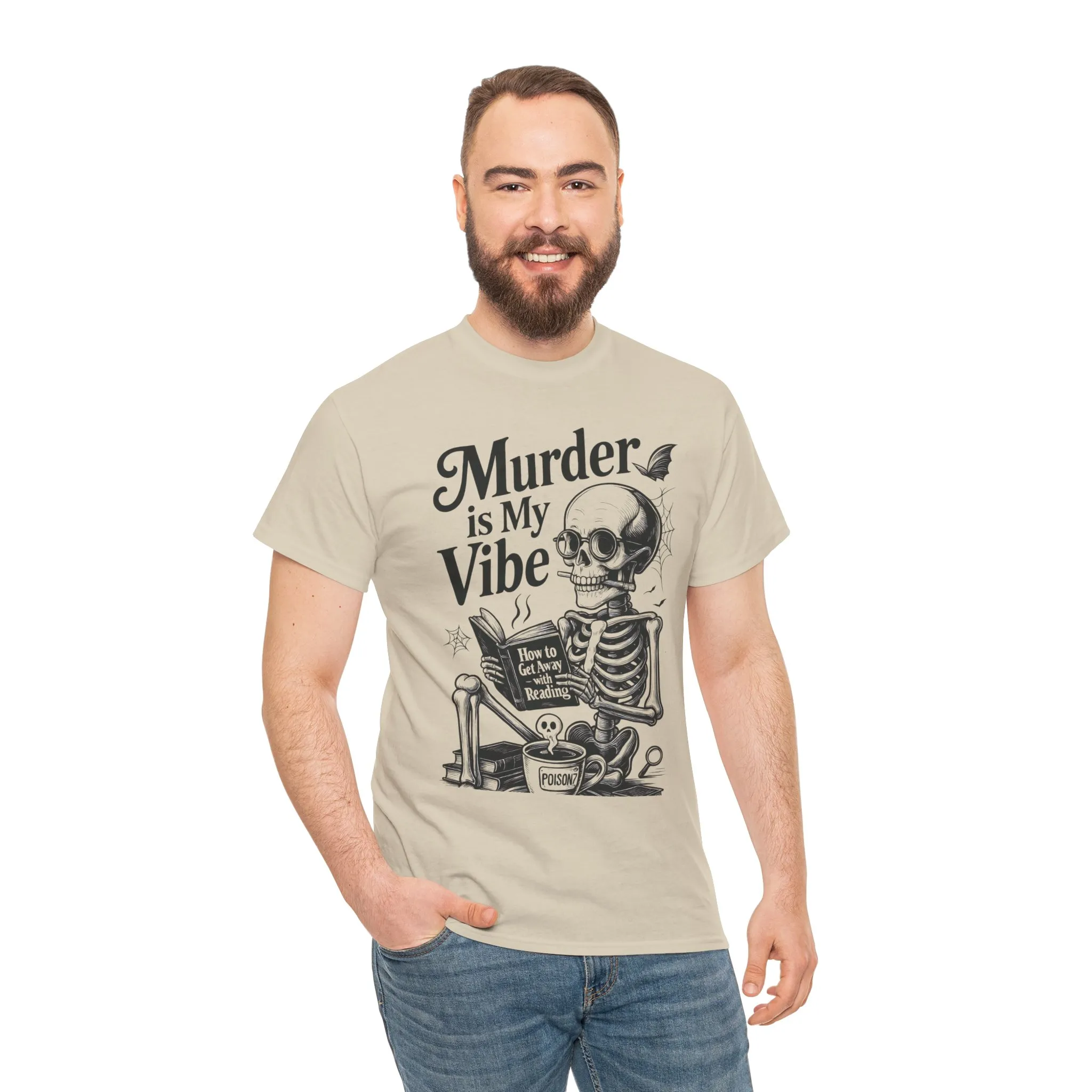Mens Heavy Cotton Tee - "Murder is My Vibe" Graphic Shirt for Ghoulish Vibes, Halloween Fun, Spooky Season, Casual Wear, Gift for [...] - Image 5