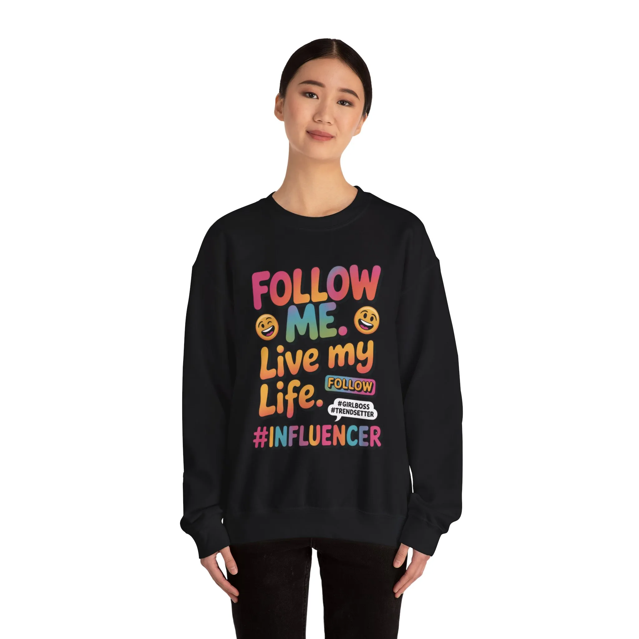Womens Heavy Blend™ Crewneck Sweatshirt, Influencer Sweatshirt, Colorful Follow Me Live My Life Graphic Sweatshirt, Trendy GirlBoss Outfit - Image 5