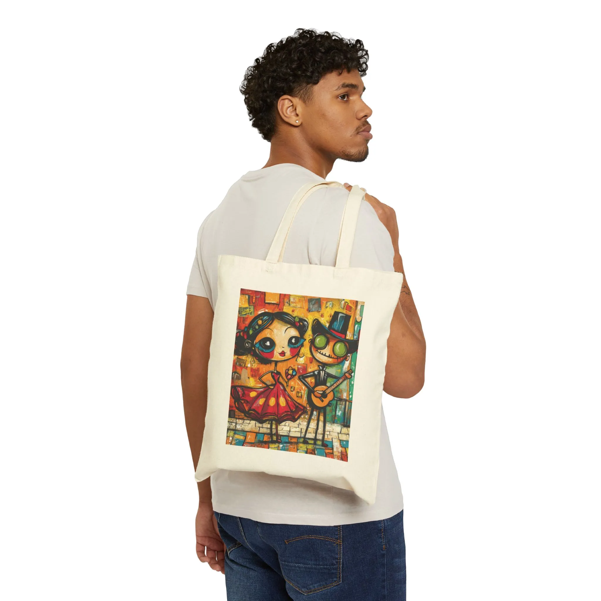Colorful Cartoon Art Tote Bag, Quirky Gothic Skeleton and Flamenco Girl Illustration, Cotton Canvas Shopping Bag, Funky Day of the Dead Gift - Image 3