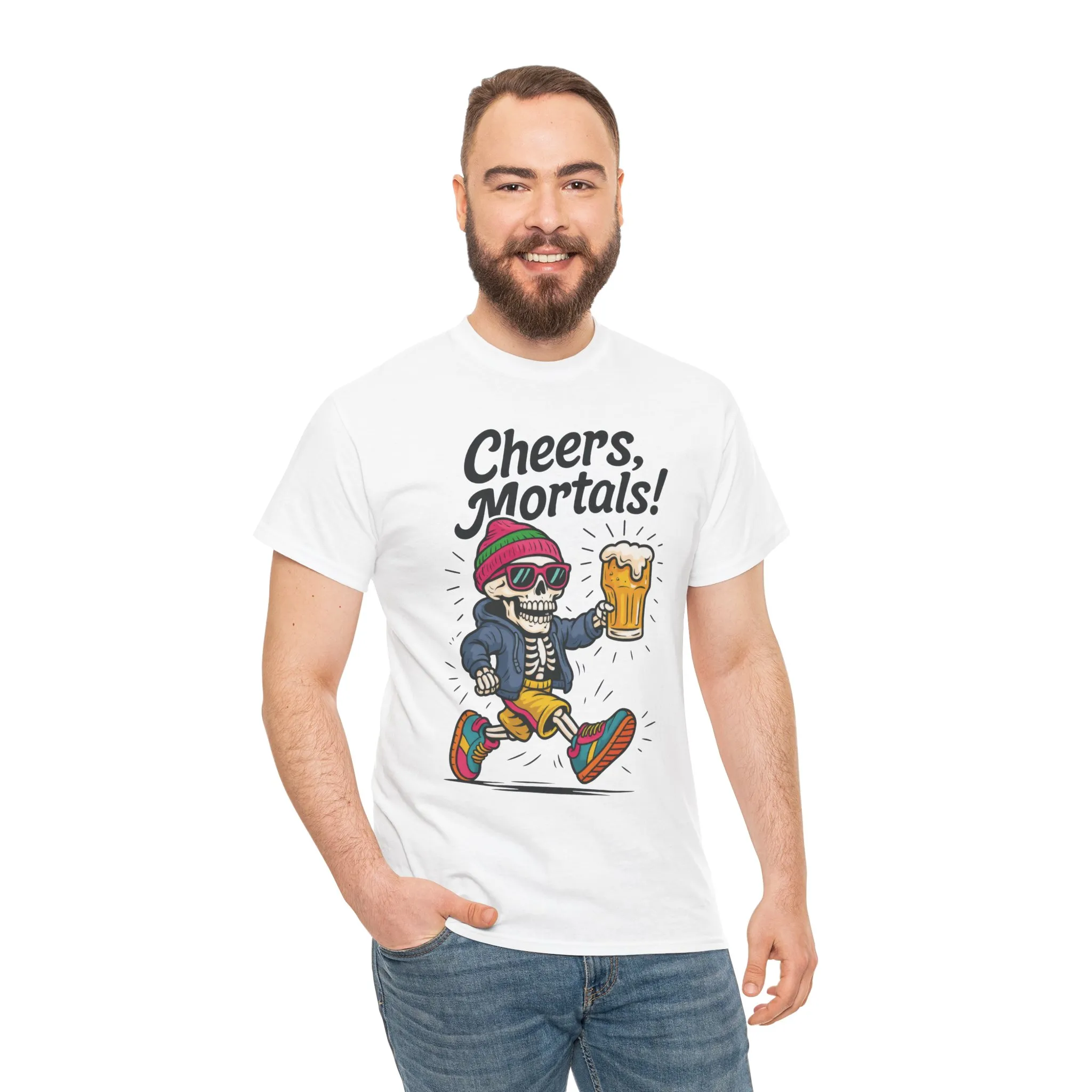 Cheers, Mortals! Mens Tee, Funny Skeleton Beer Graphic Tee, Cool Drinking Humor Shirt, Party Gift for Him, Halloween Tee, Beer Lovers Gift - Image 6
