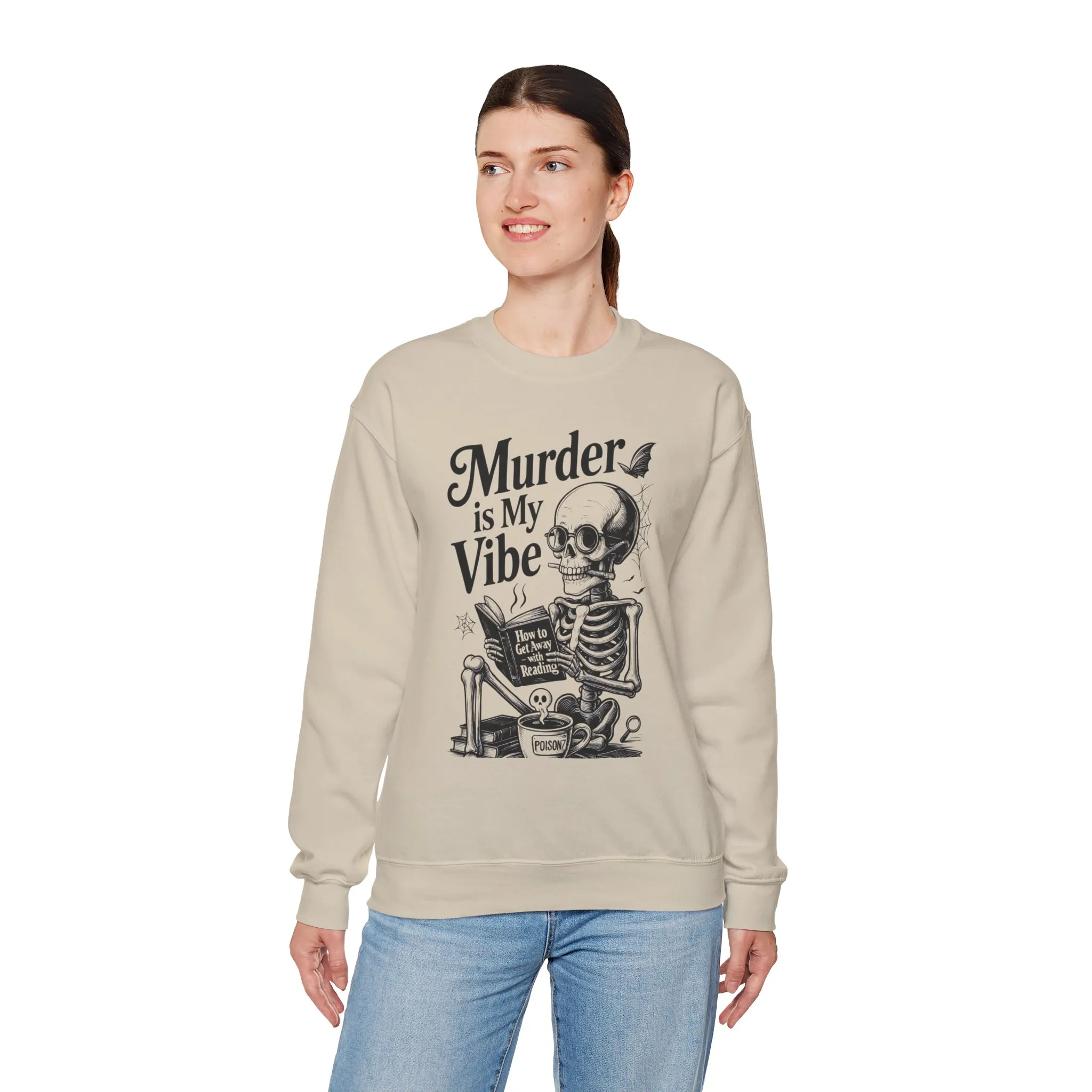 Murder is My Vibe Womens Crewneck Sweatshirt, Cozy Gift for Halloween, Unique Sweatshirt, Skull Graphic, Fall Fashion, Unisex Pullover - Image 6