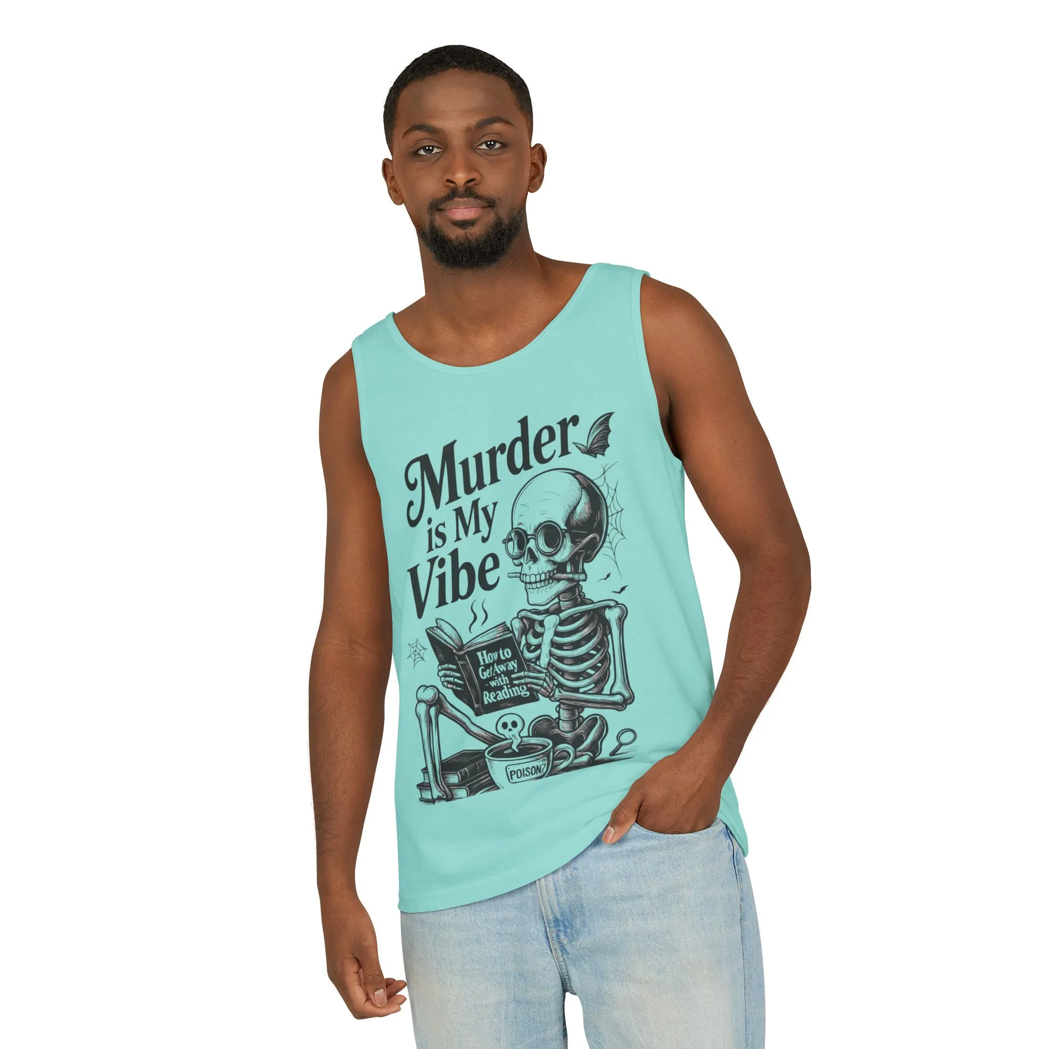 Murder Is My Vibe Tank Top, Mens Goth Tank, Halloween Clothing, Skeleton Graphic Tee, Cozy Casual Wear, Quirky Gift Idea - Image 6