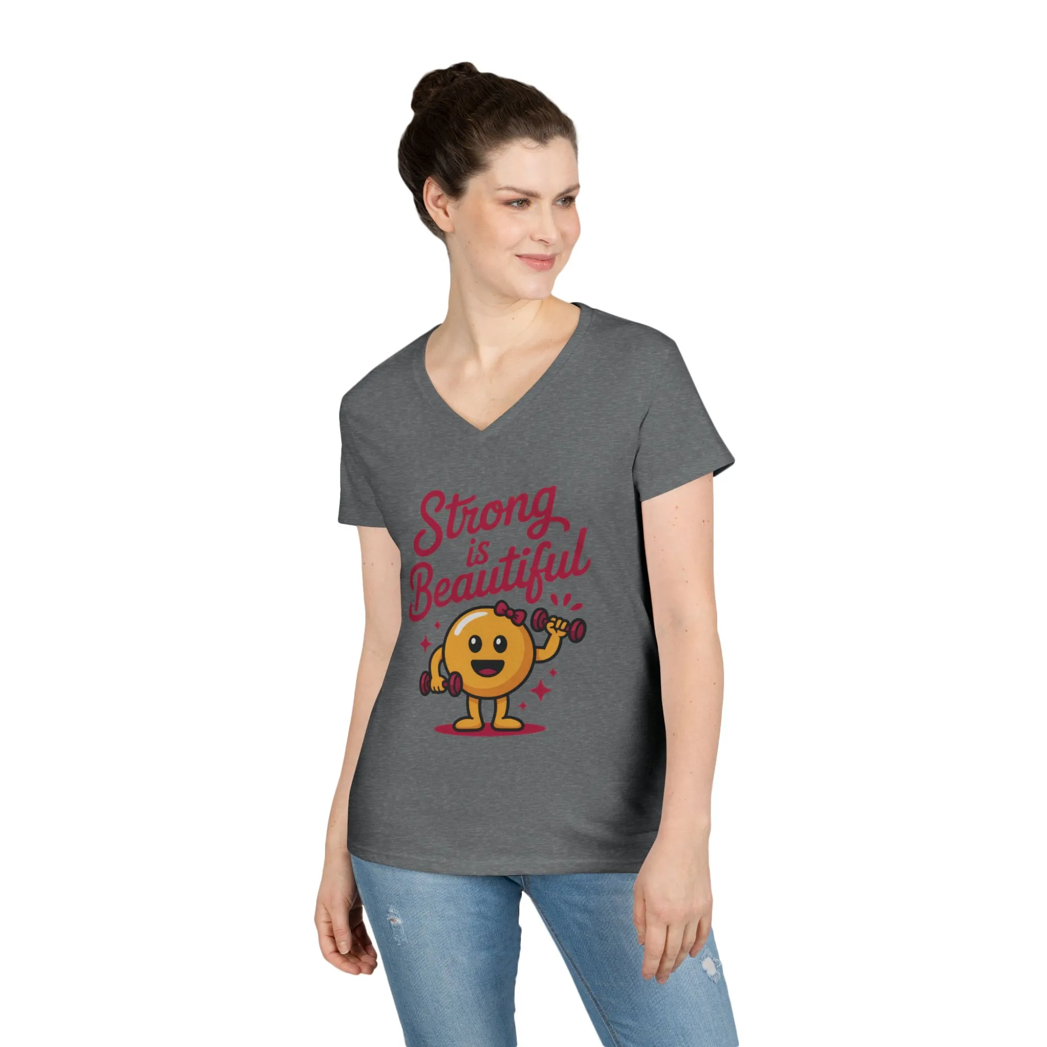 Ladies' V-Neck T-Shirt, Strong is Beautiful Womens Tee, Cute Fitness Character Tee, Inspirational Workout Shirt, Gym Motivation Gift for Her - Image 15