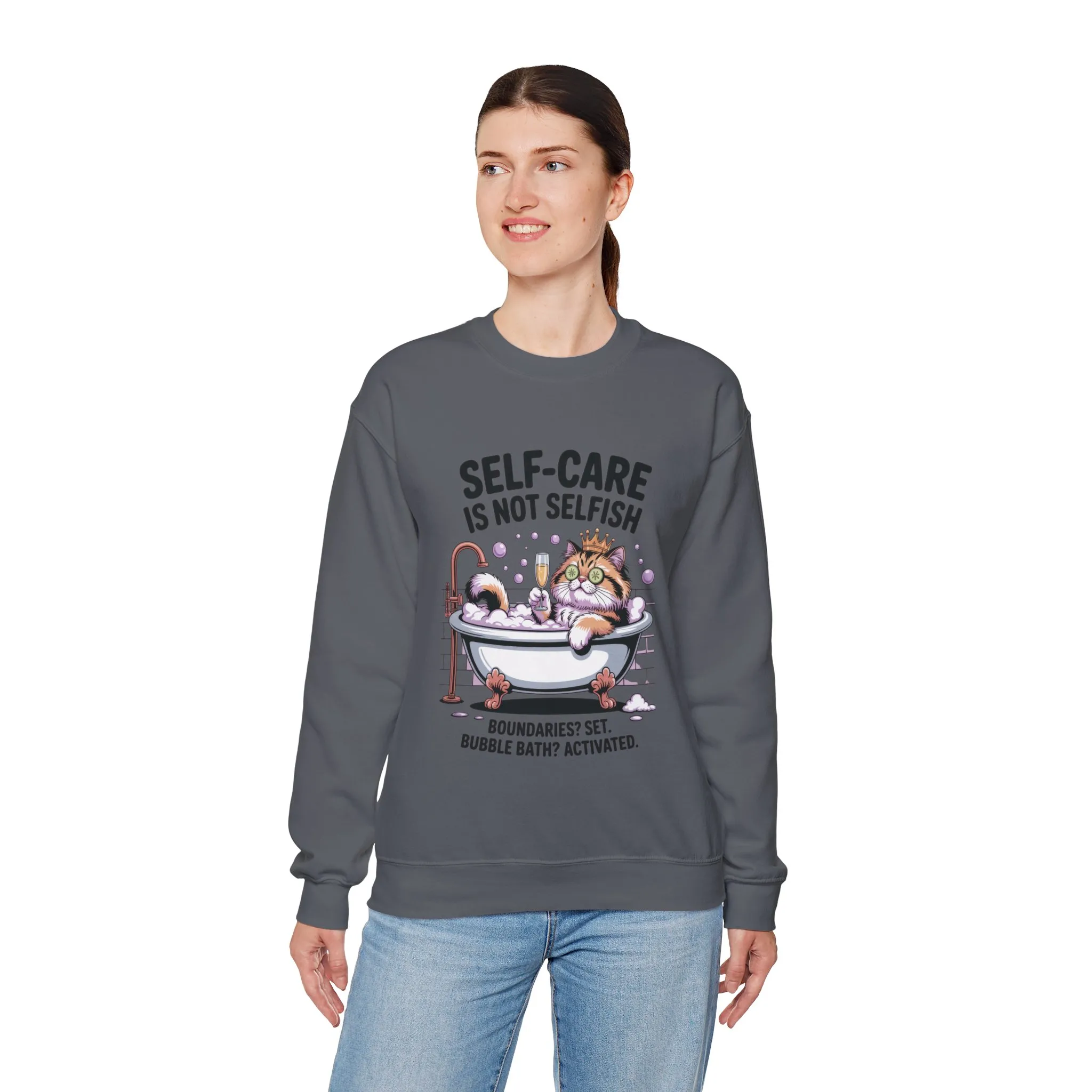 Womens Crewneck Sweatshirt, Self-Care Cat Shirt, Funny Cat Tee, Relaxing Kitty Graphic, Self Care Is Not Selfish Womens Sweatshirt - Image 3