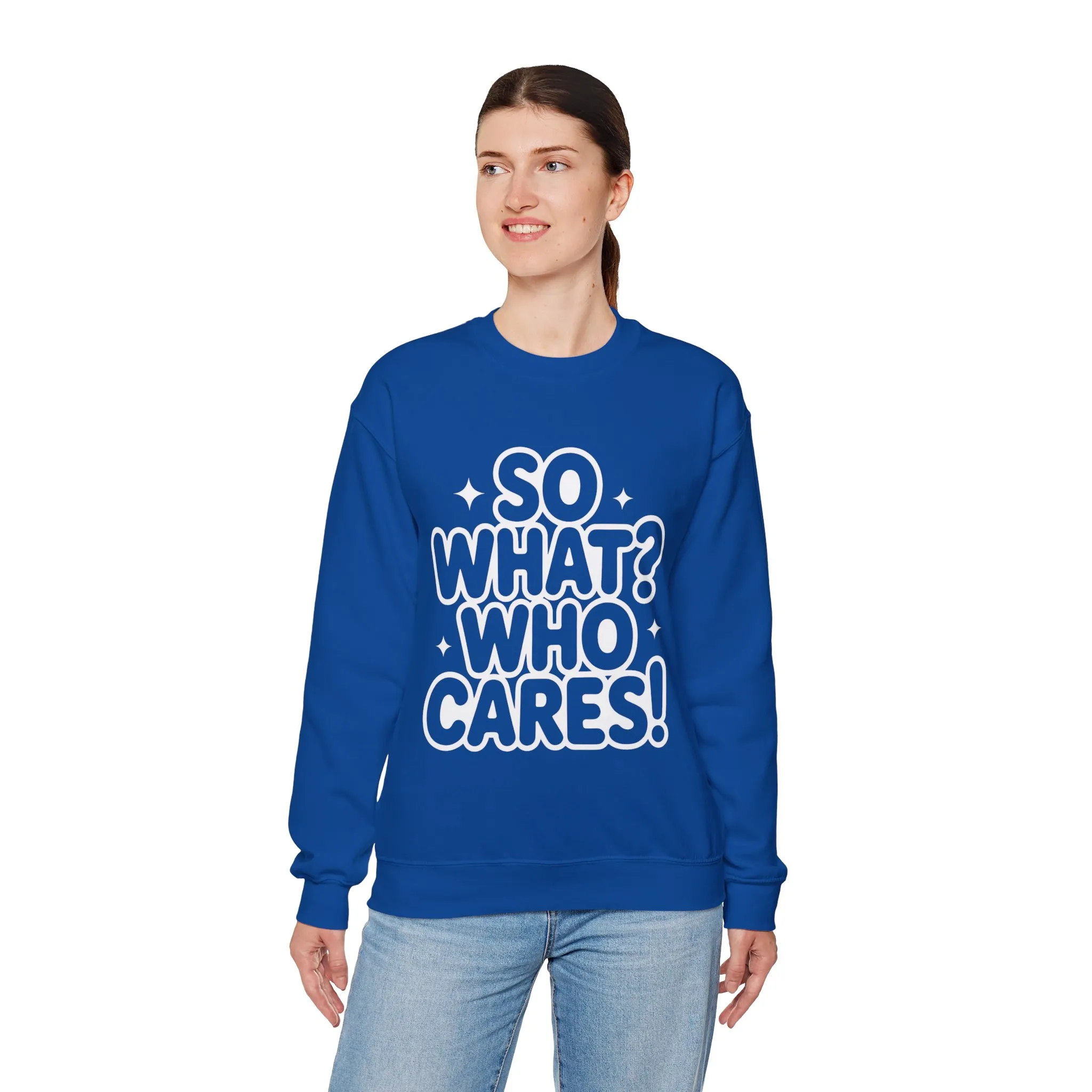 Trendy Womens Crewneck Sweatshirt with 'So What? Who Cares!' Print, Funny Typography Sweater, Sassy Graphic Sweater for Women - Image 15