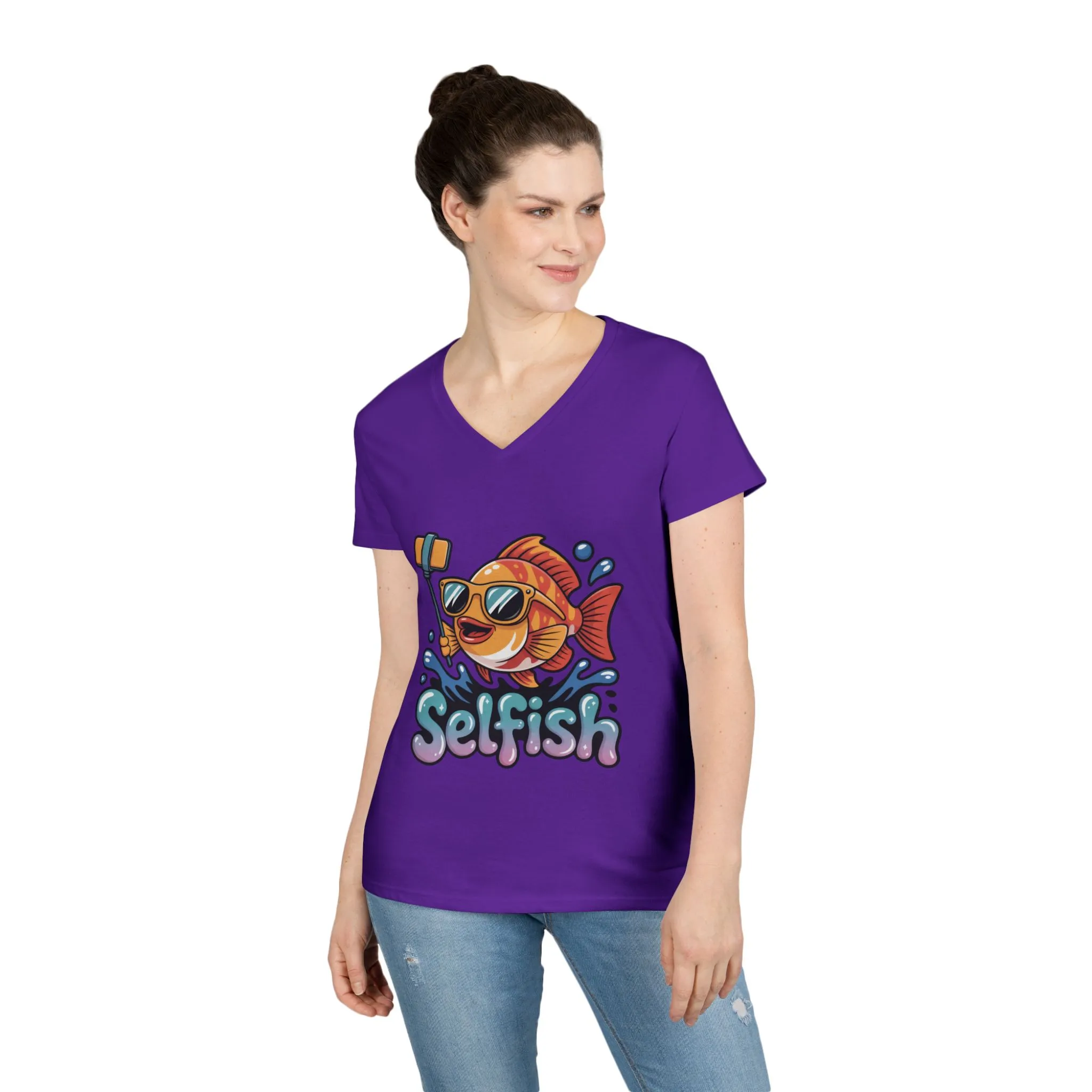 Ladies' V-Neck T-Shirt, Funny Selfie Fish Graphic Womens Tee, Playful Pun Gift for Her, Summer Vibes, Unique Beach Shirt, Outdoor Adventures - Image 18