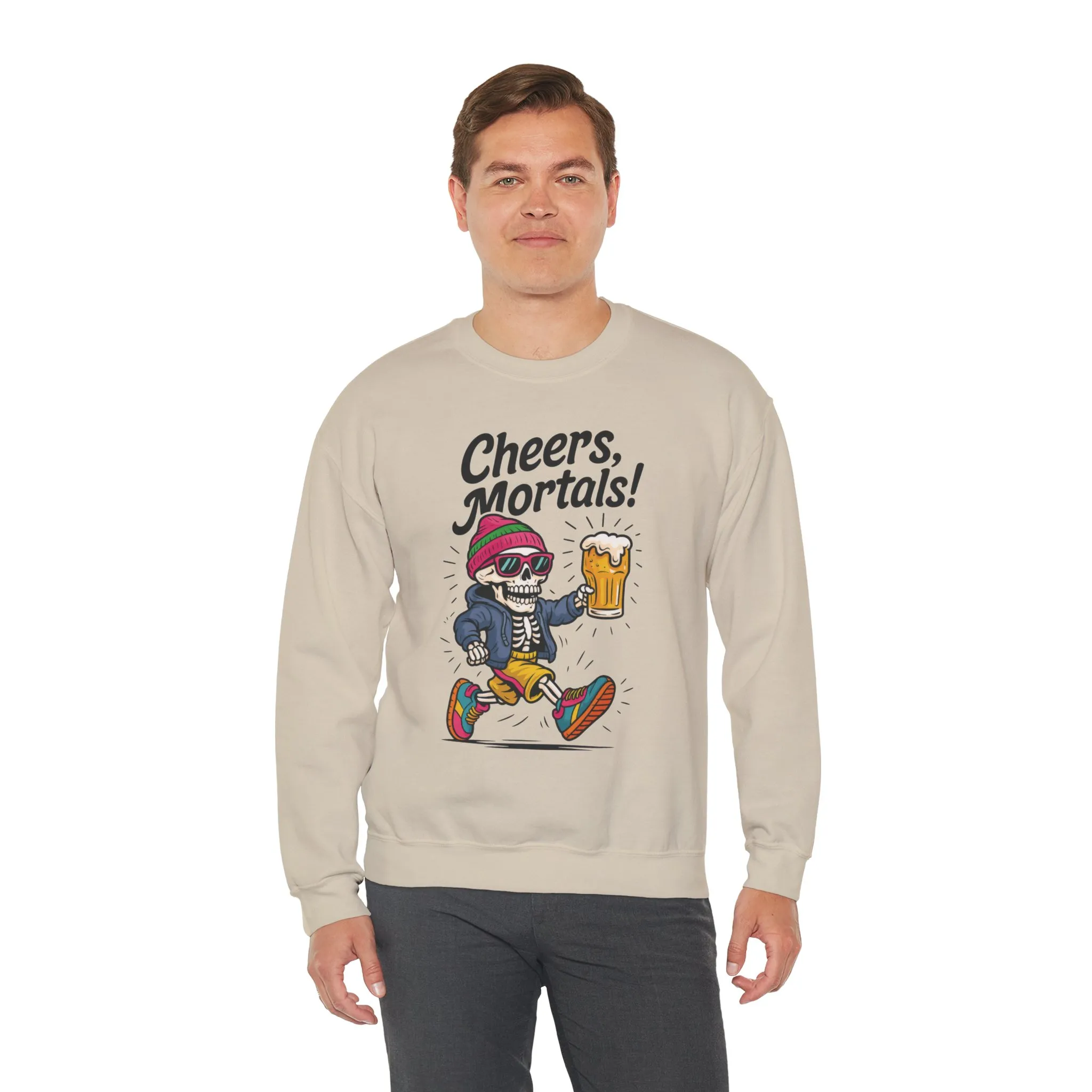 Cheers Mortals! Mens Crewneck Sweatshirt, Skeleton Beer Pullover with Hood, Drinking Humor Sweatshirt, Party Gift for Him, Halloween Apparel - Image 6
