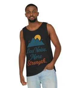 Mens Garment-Dyed Tank Top, Mens Less Noise More Strength Tank Top, Minimal Mountain Fitness Graphic Shirt