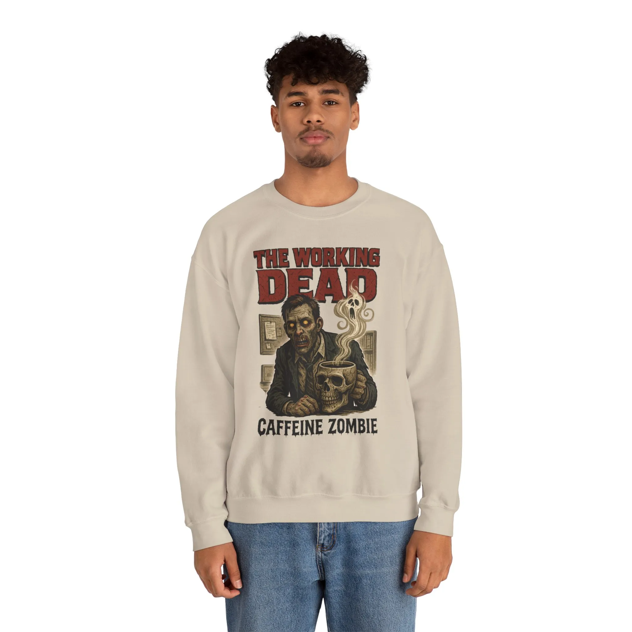 The Working Dead Men's Funny Zombie Sweatshirt, Office Humor Crewneck, Halloween Zombie Top, Coffee Zombie Sweatshirt - Image 5