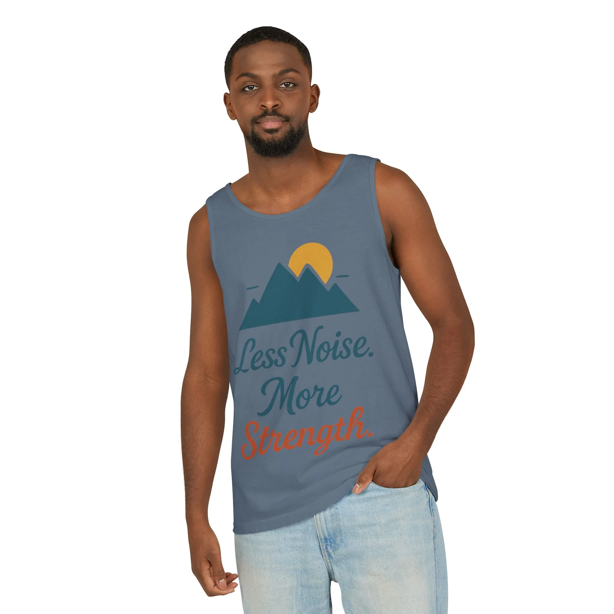 Mens Garment-Dyed Tank Top, Mens Less Noise More Strength Tank Top, Minimal Mountain Fitness Graphic Shirt - Image 23