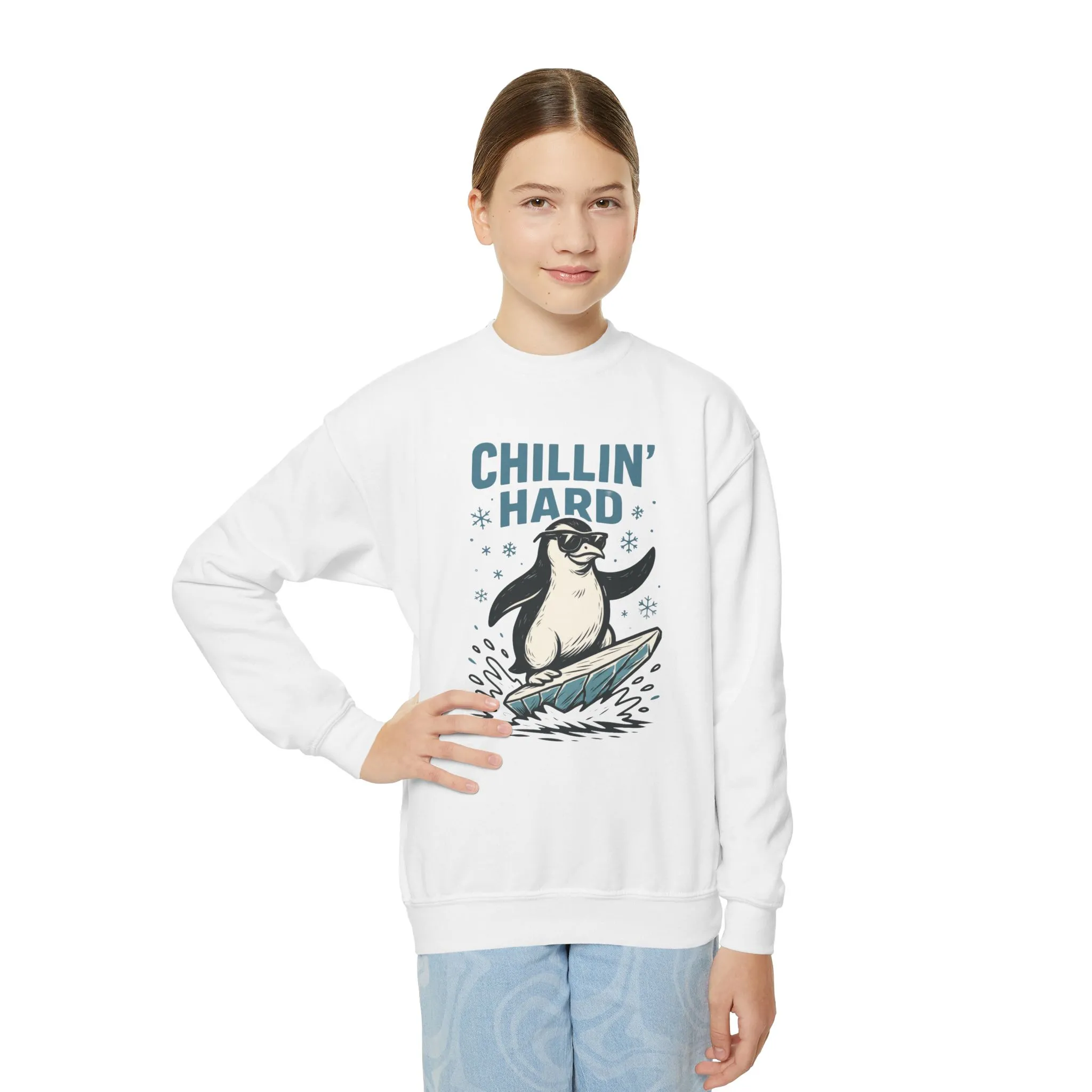 Youth Crewneck Sweatshirt, Kids Chillin Hard Penguin Sweatshirt, Funny Cool Animal Pullover for Children - Image 6